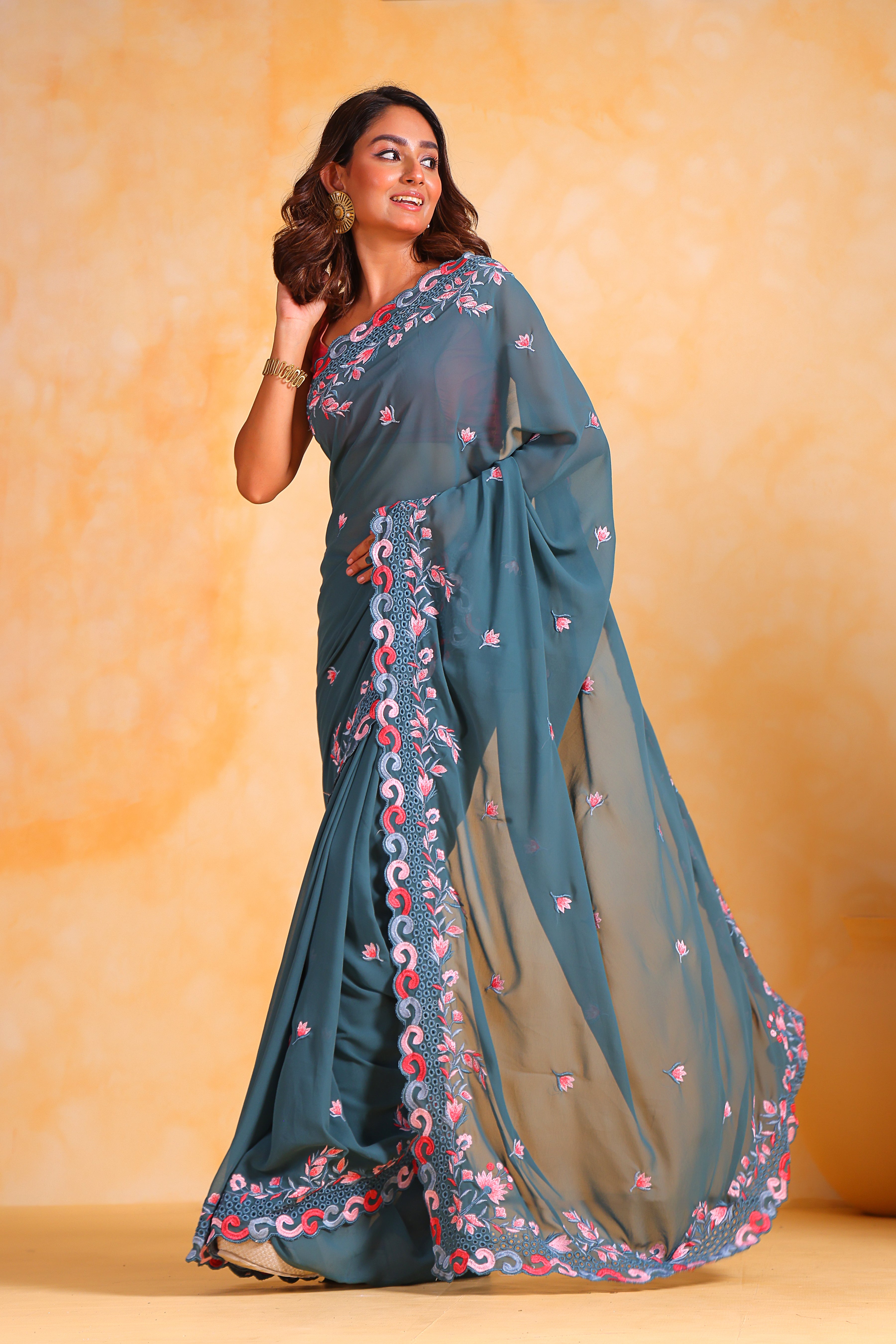 BLUE Georgett silk Saree With Satin Banglori Blouse