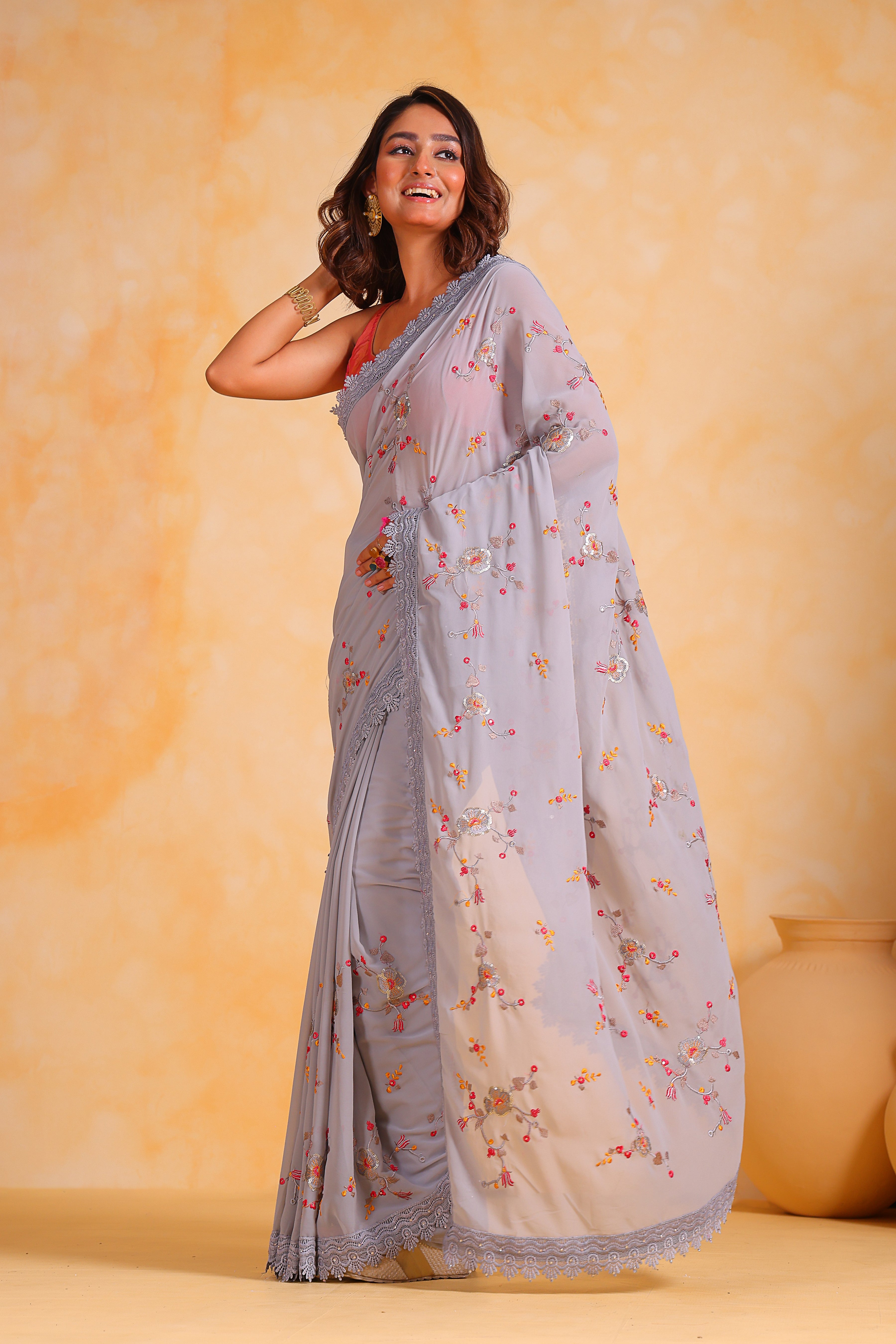 Grey Georgette Saree With Satin Banglori Blouse