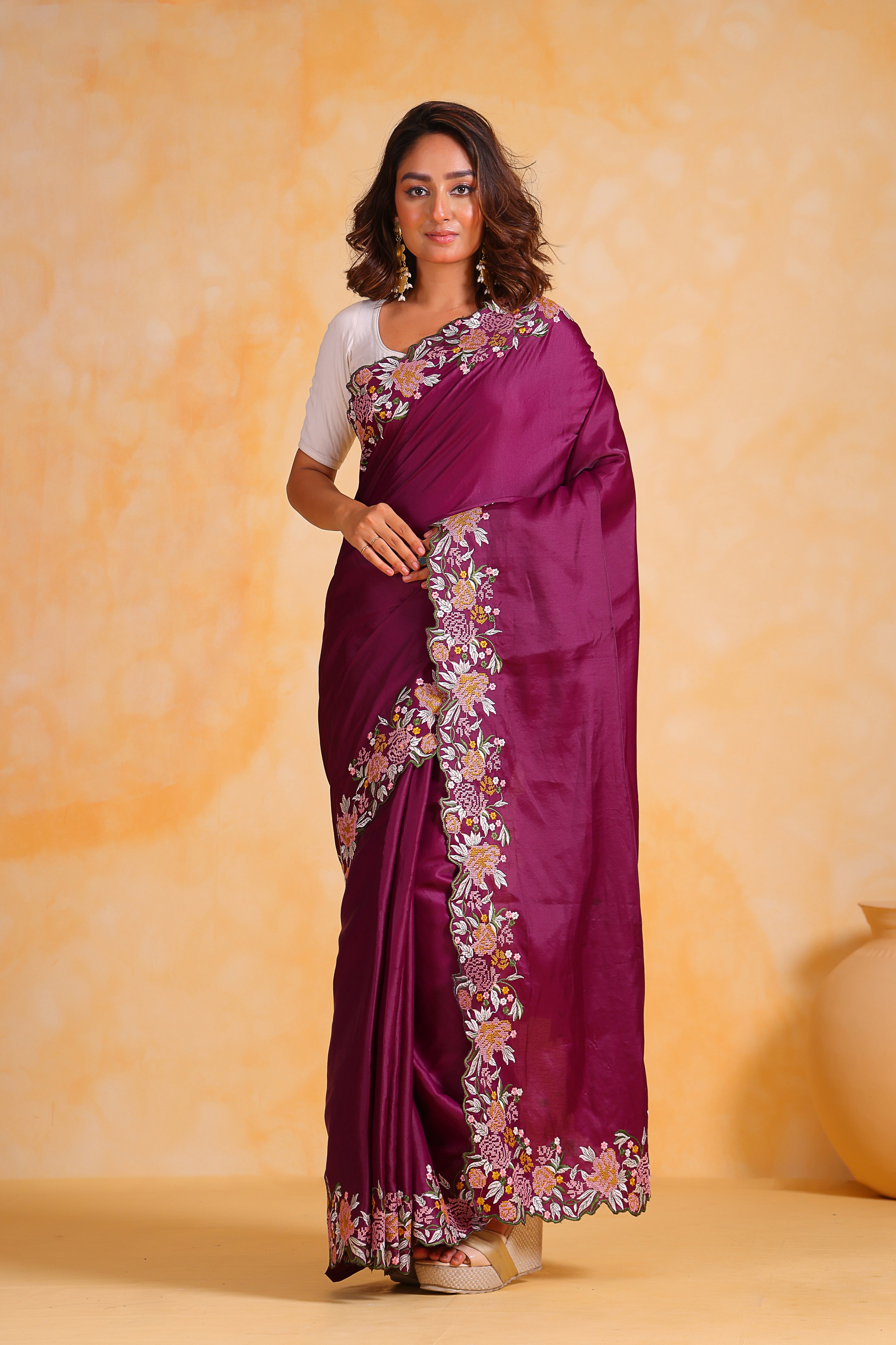 Purple Tussar silk Saree With Tussar silk Blouse