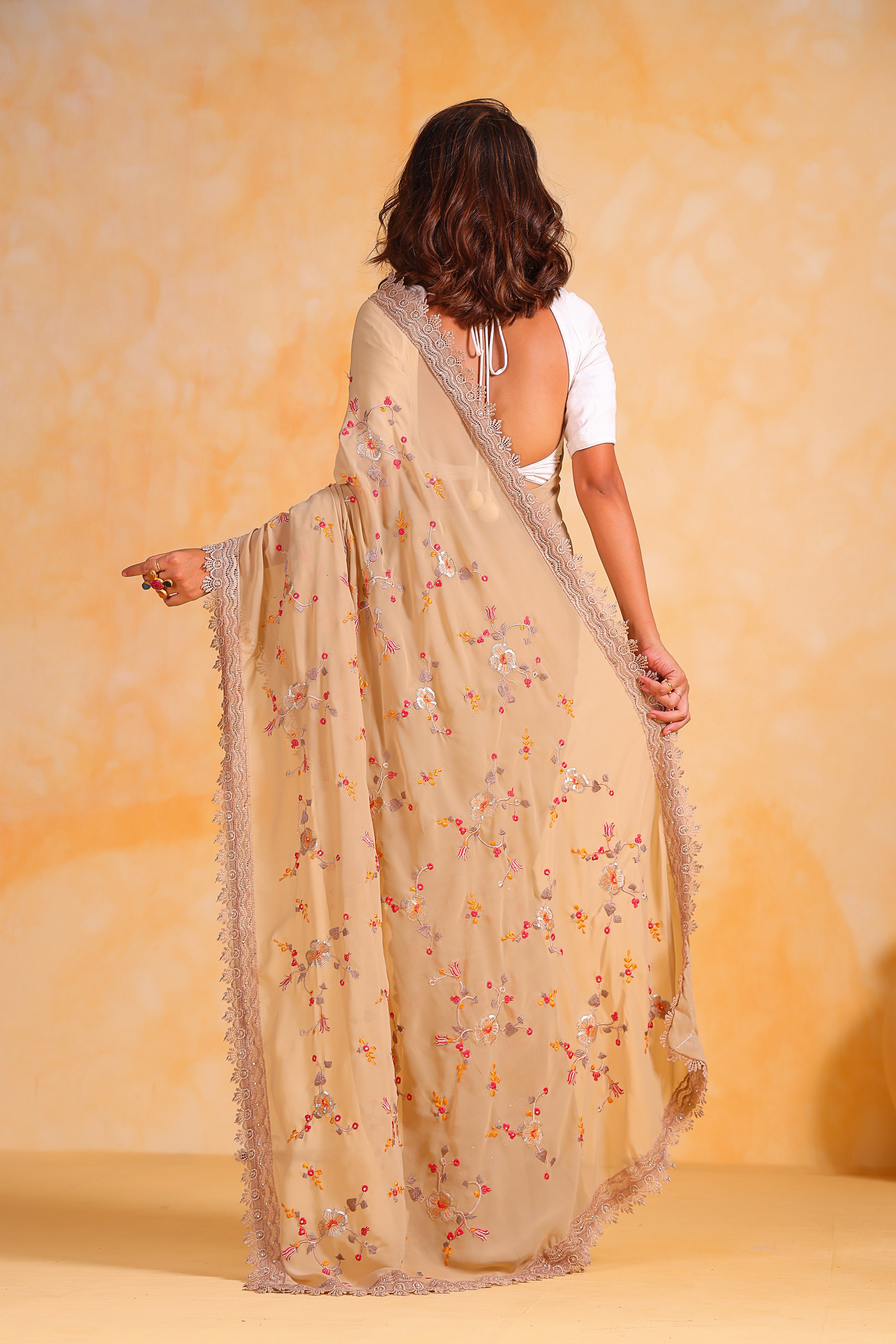 Beige Georgette Saree With Satin Banglori Blouse