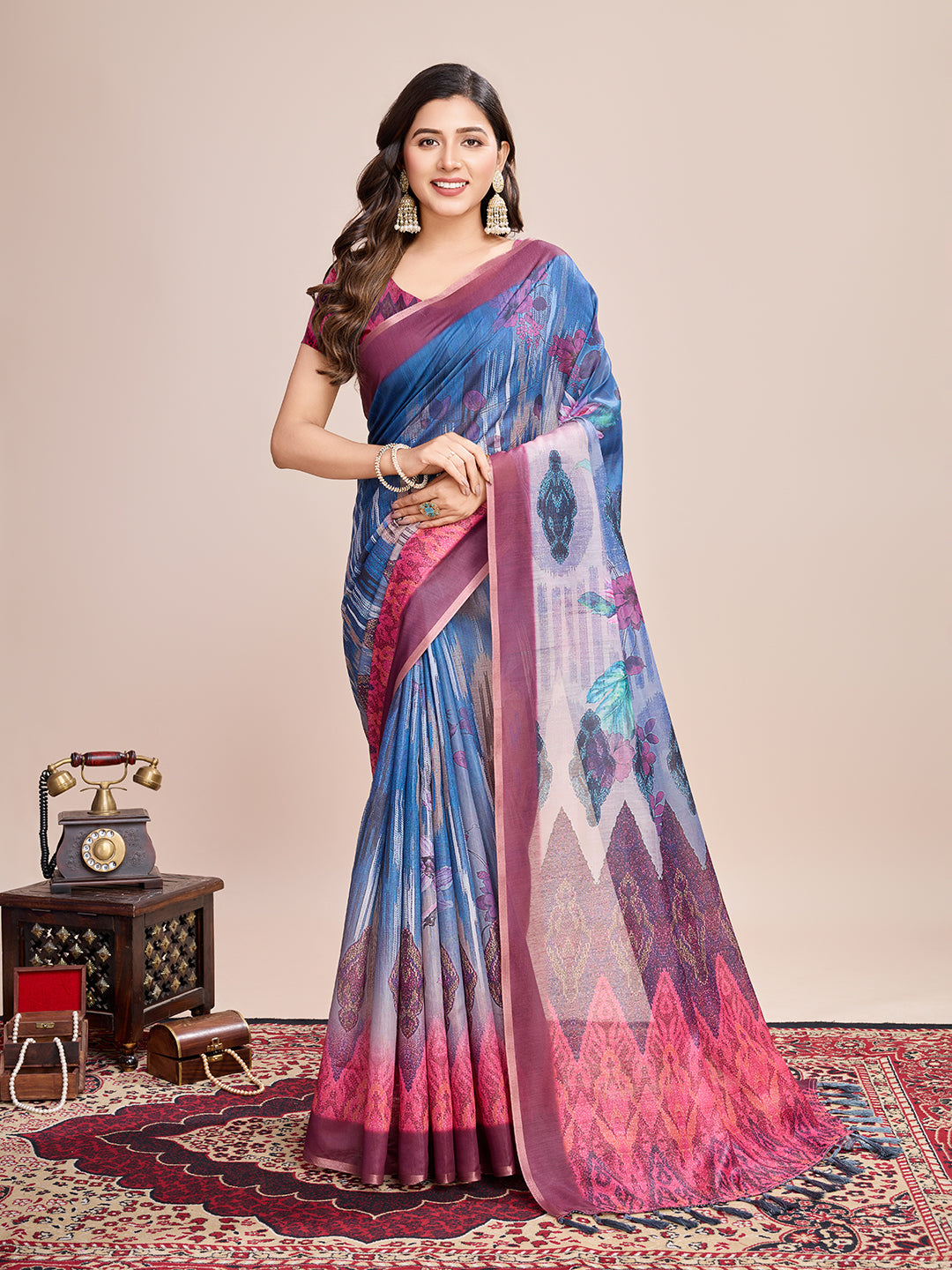 BLUE SEMI LINEN SAREE