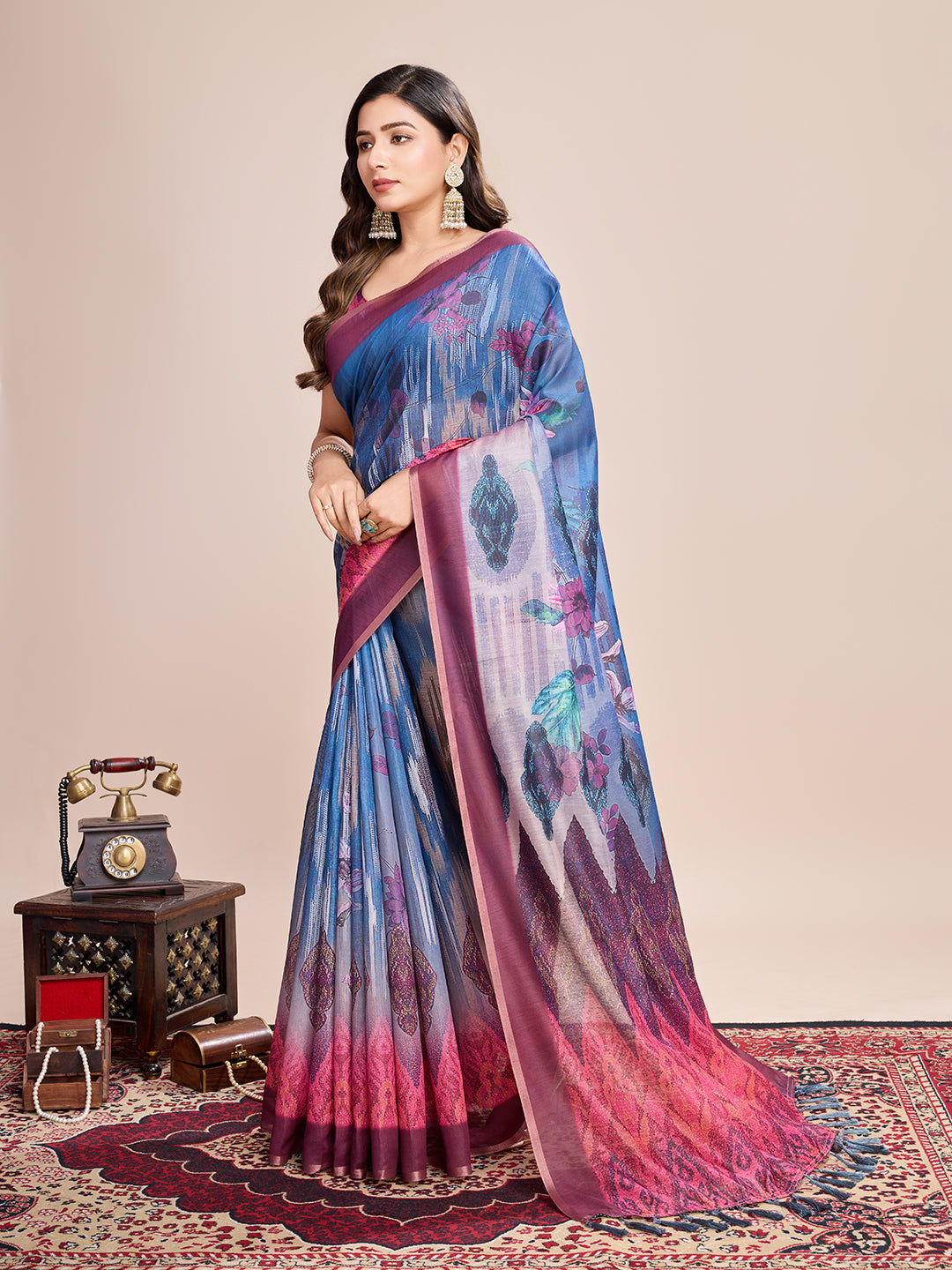 BLUE SEMI LINEN SAREE