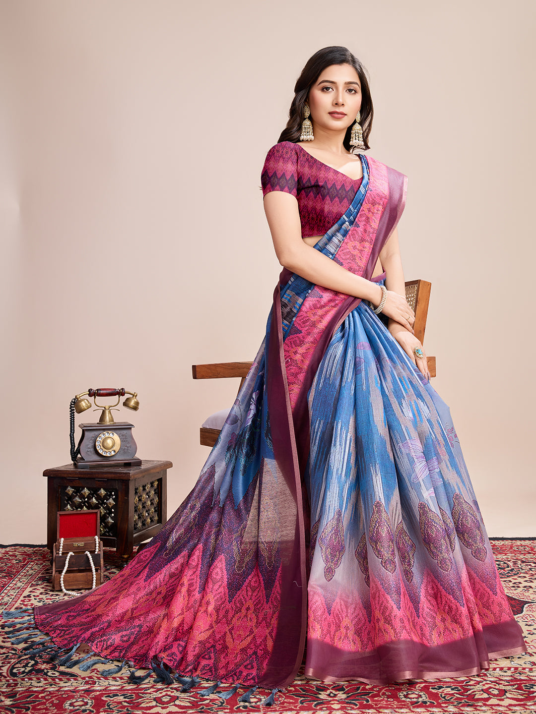 BLUE SEMI LINEN SAREE