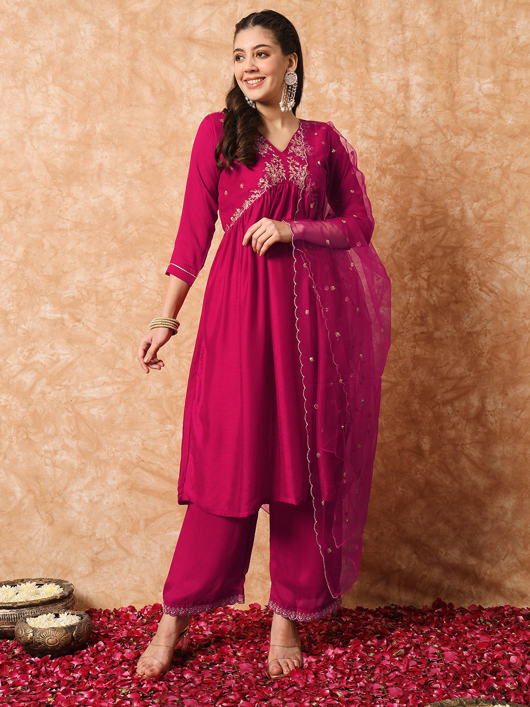 Pink Women Embroidered Vichitra SILK kurta Set