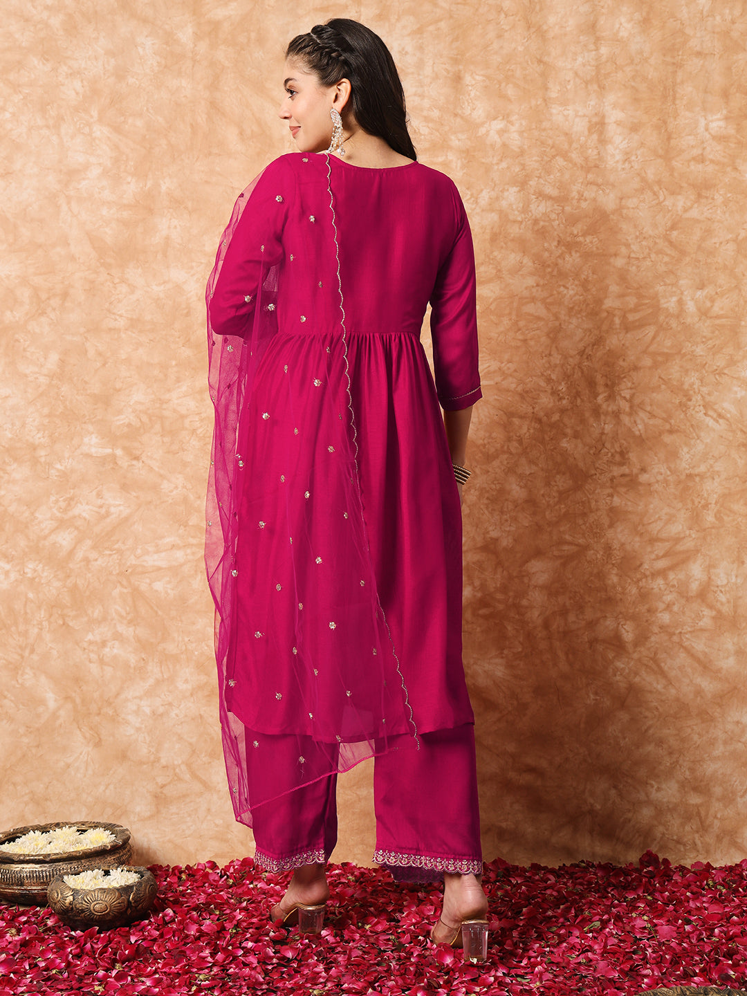 Pink Women Embroidered Vichitra SILK kurta Set