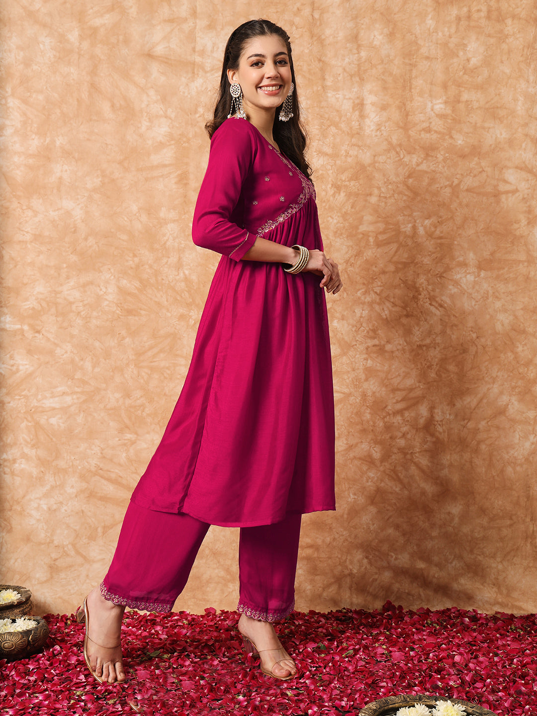 Pink Women Embroidered Vichitra SILK kurta Set