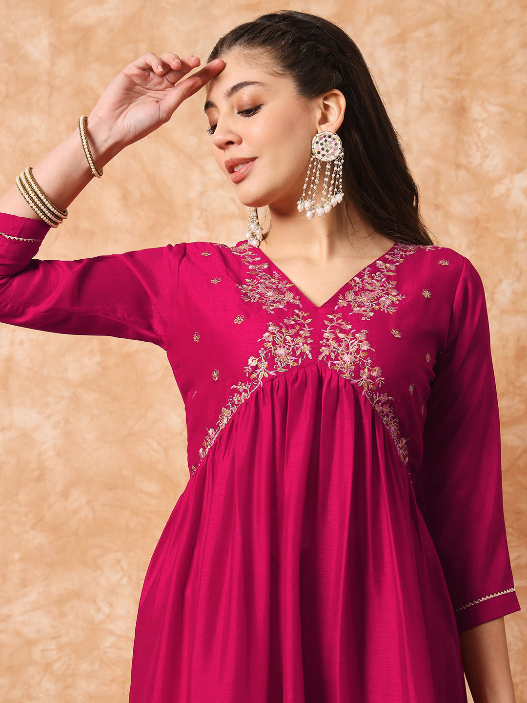 Pink Women Embroidered Vichitra SILK kurta Set