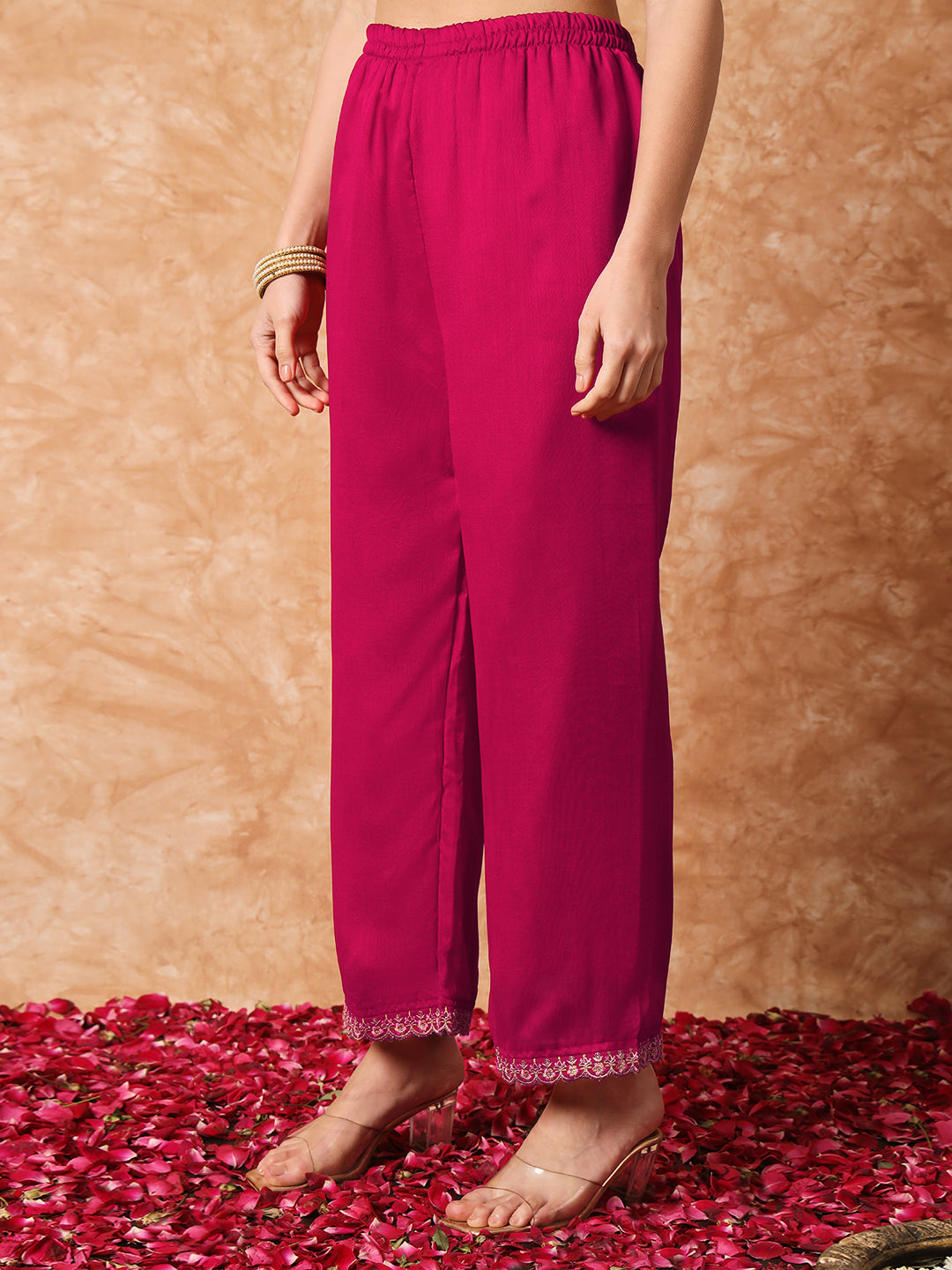 Pink Women Embroidered Vichitra SILK kurta Set