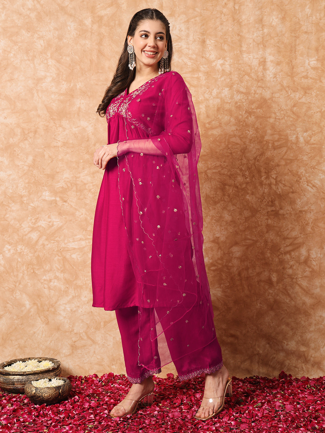 Pink Women Embroidered Vichitra SILK kurta Set