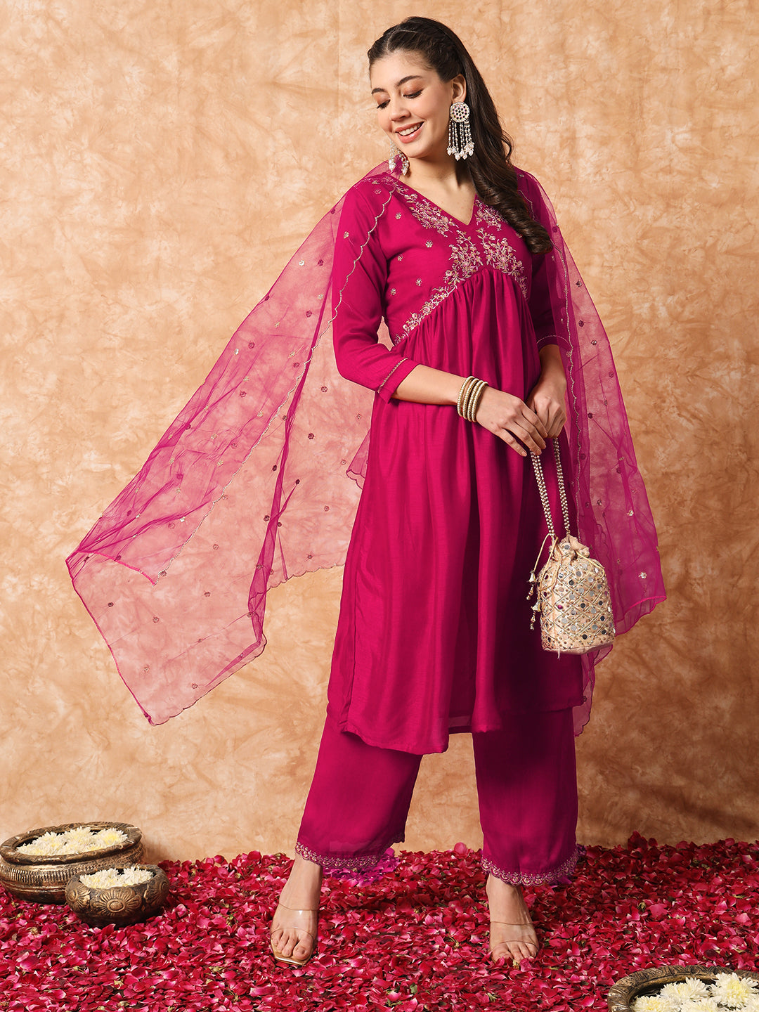 Pink Women Embroidered Vichitra SILK kurta Set