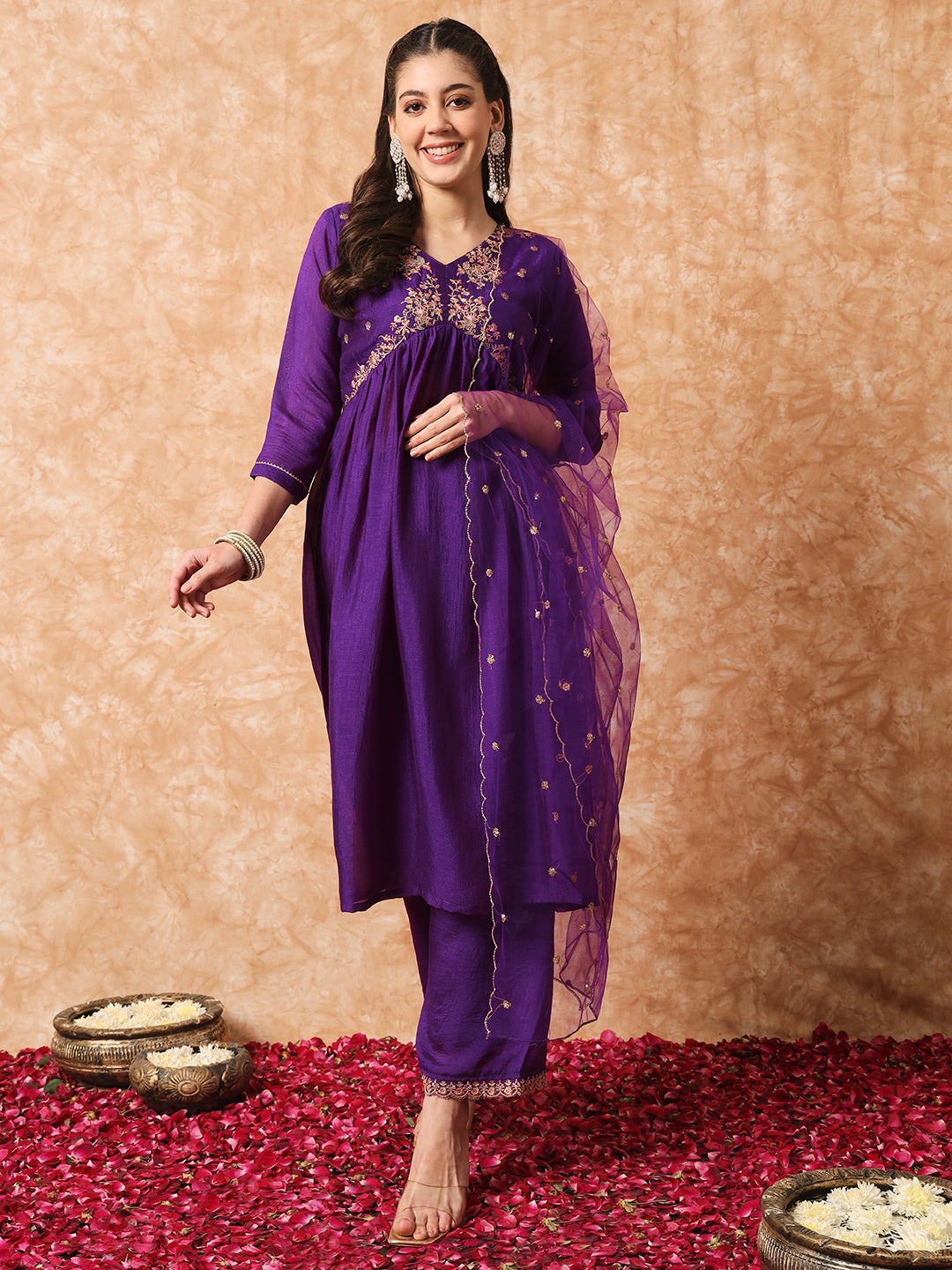 Wine Women Embroidered Vichitra SILK kurta Set