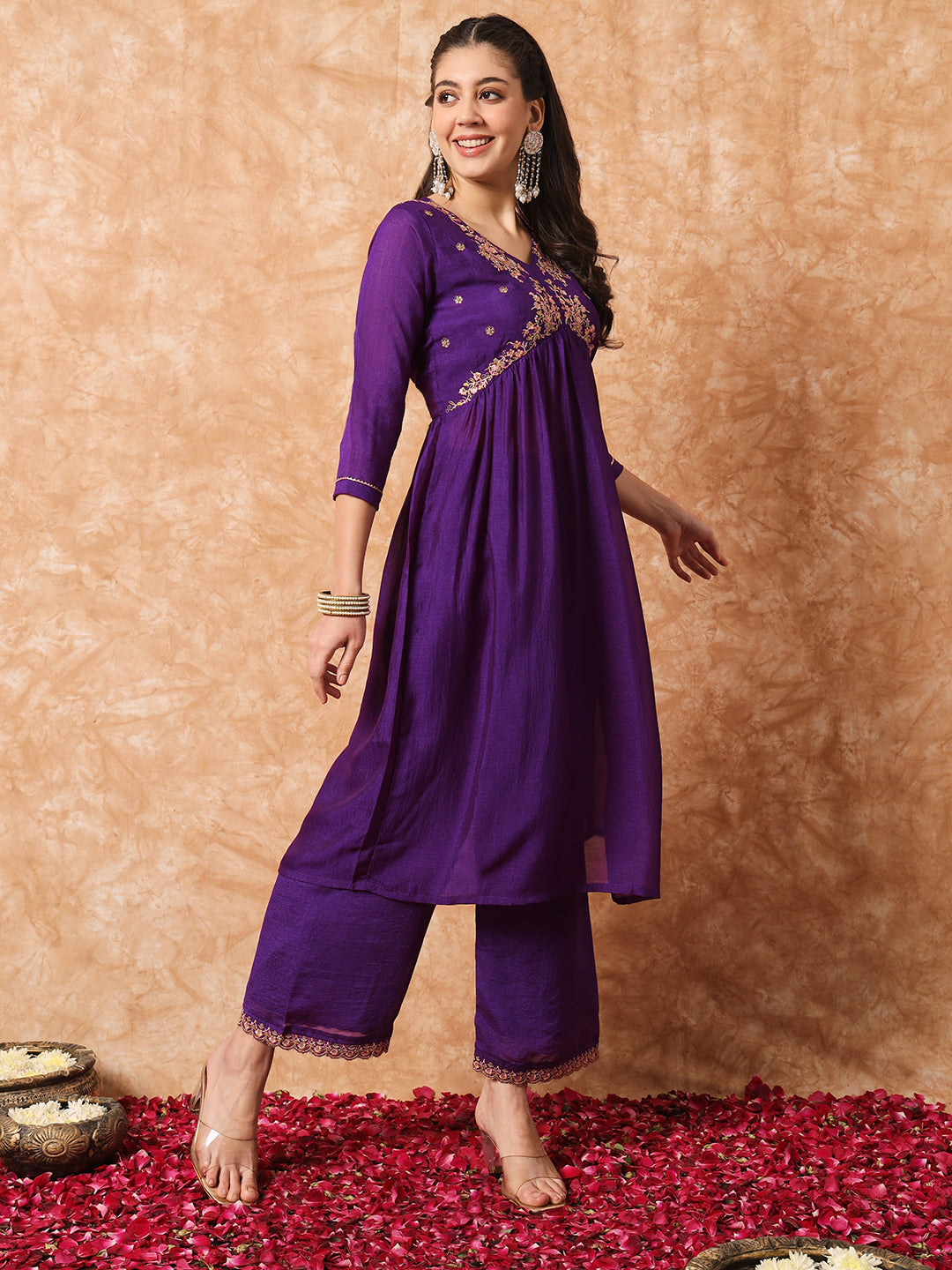 Wine Women Embroidered Vichitra SILK kurta Set