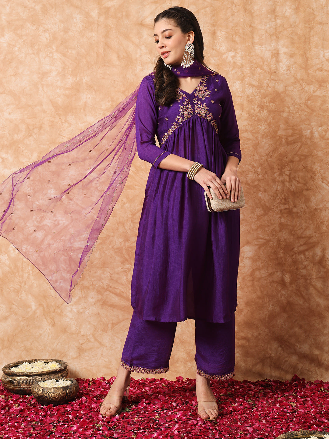 Wine Women Embroidered Vichitra SILK kurta Set