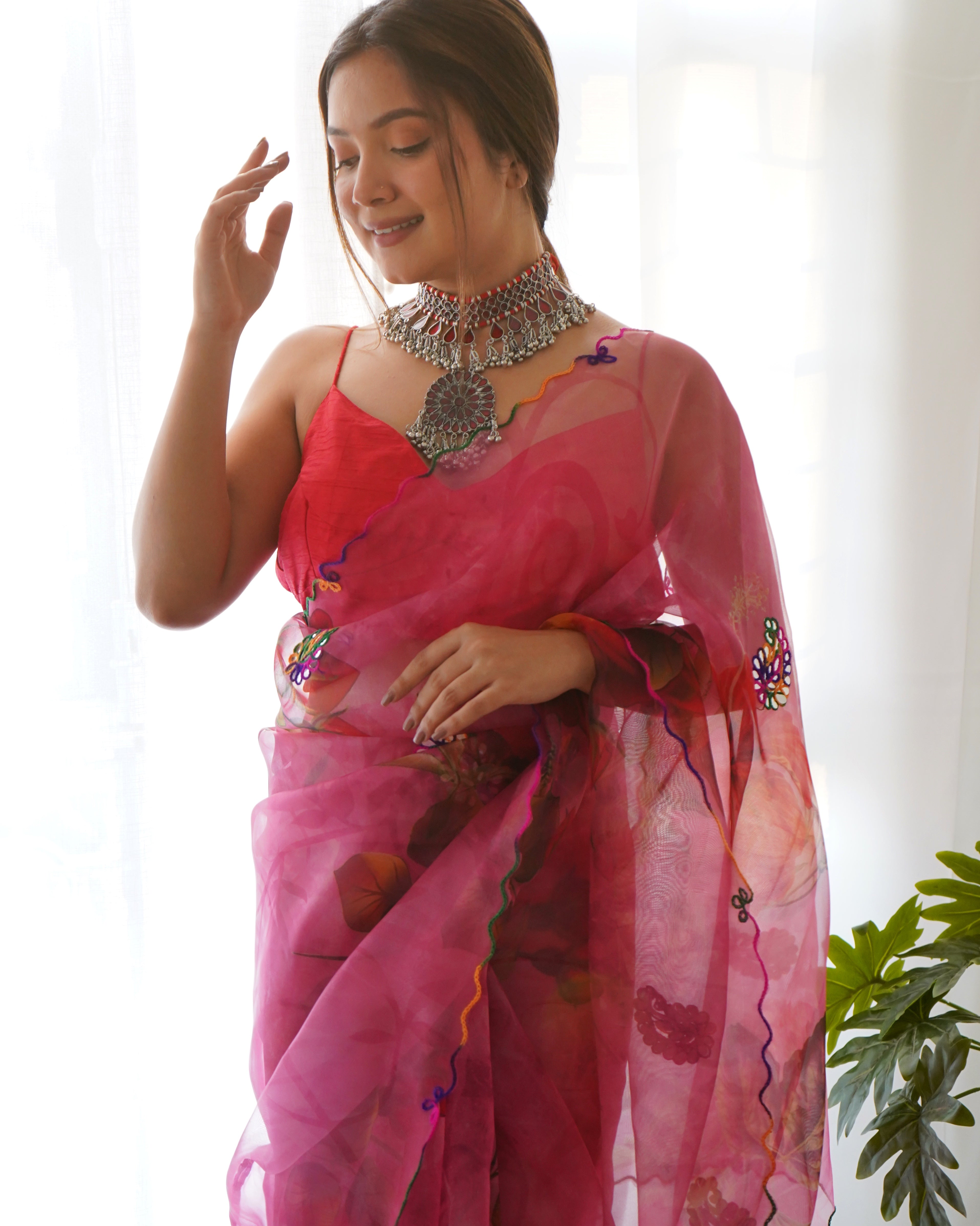 Pink Organza Saree With Satin Benglori Blouse