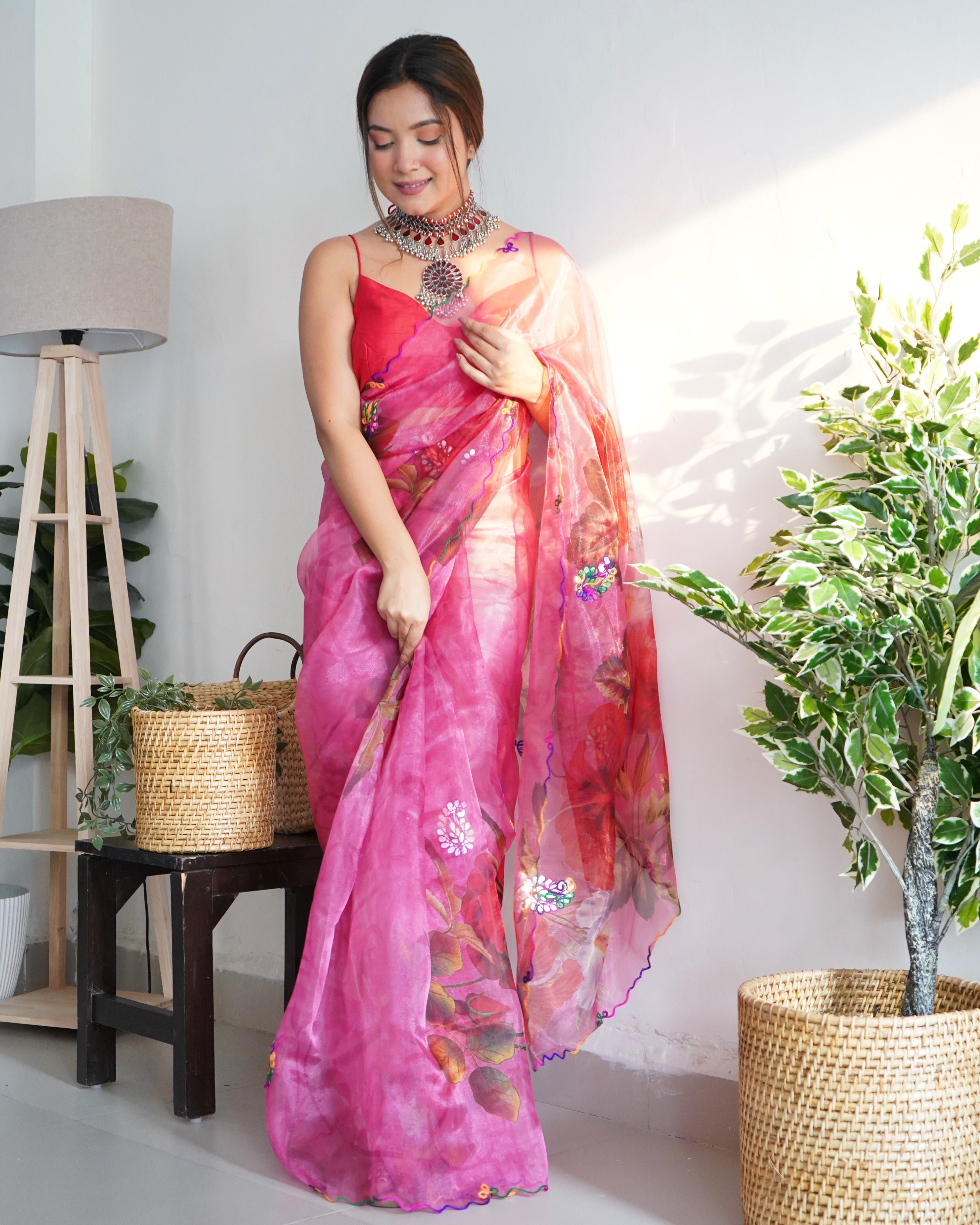 Pink Organza Saree With Satin Benglori Blouse