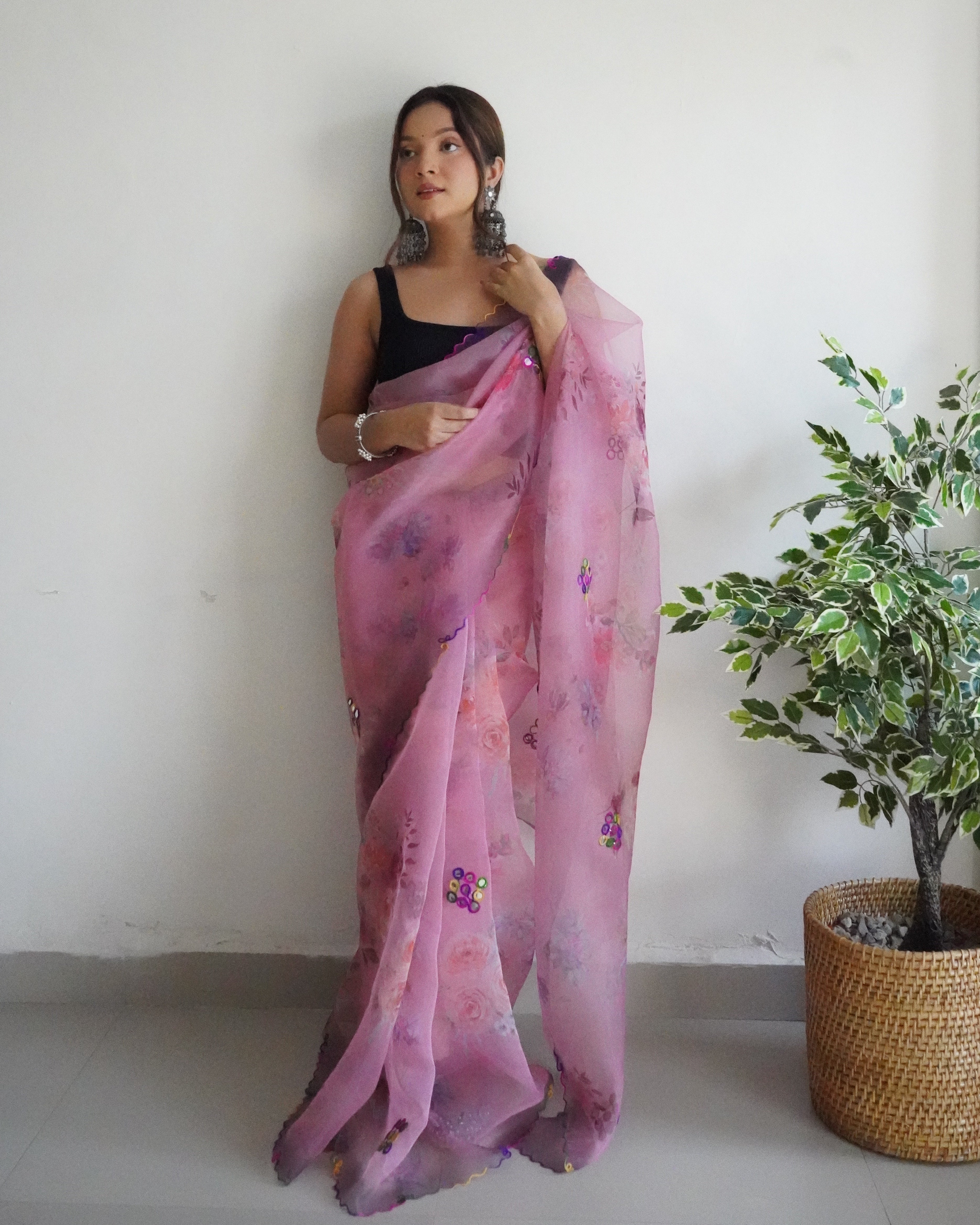 Lavender Organza Saree With Satin Benglori Blouse