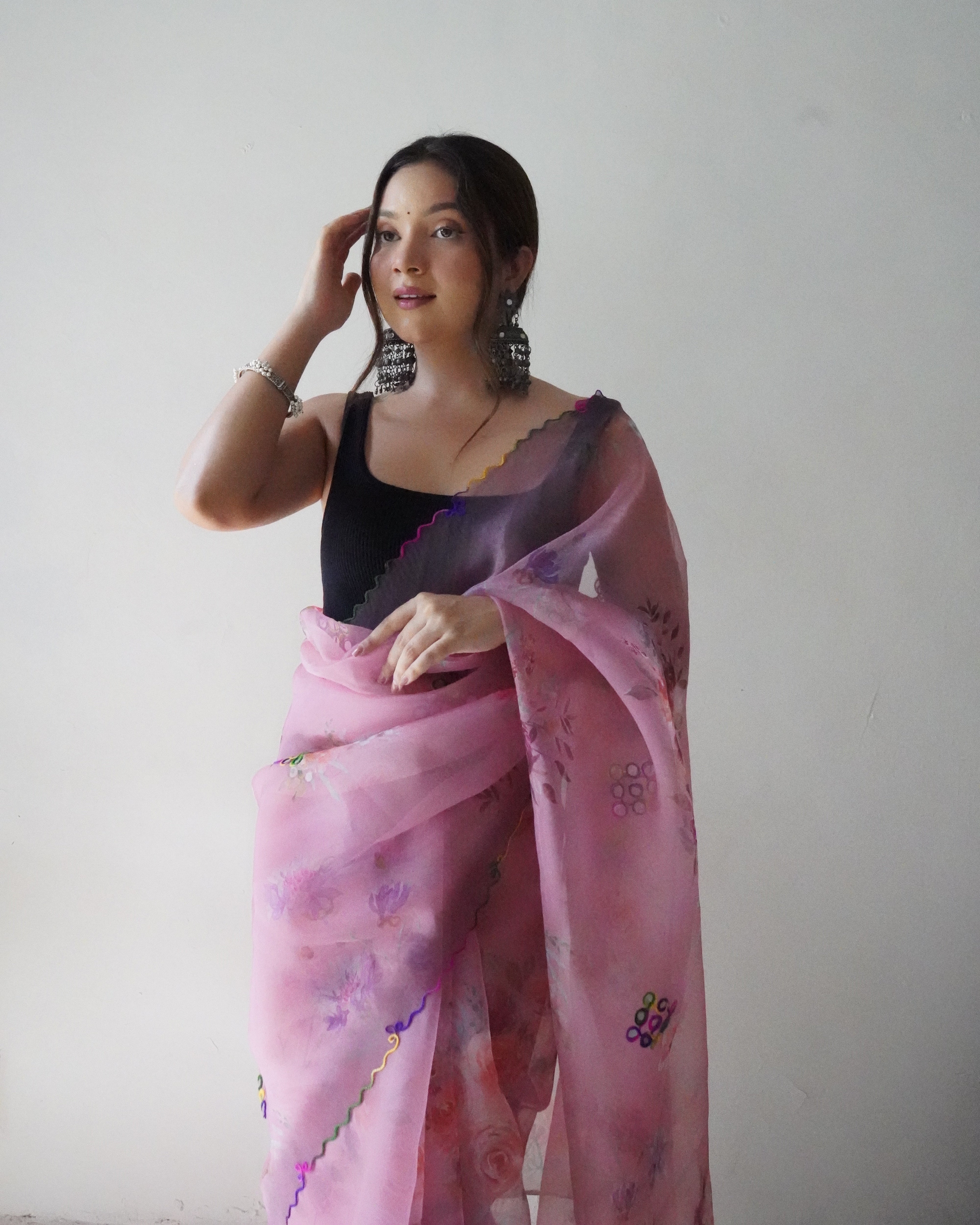 Lavender Organza Saree With Satin Benglori Blouse