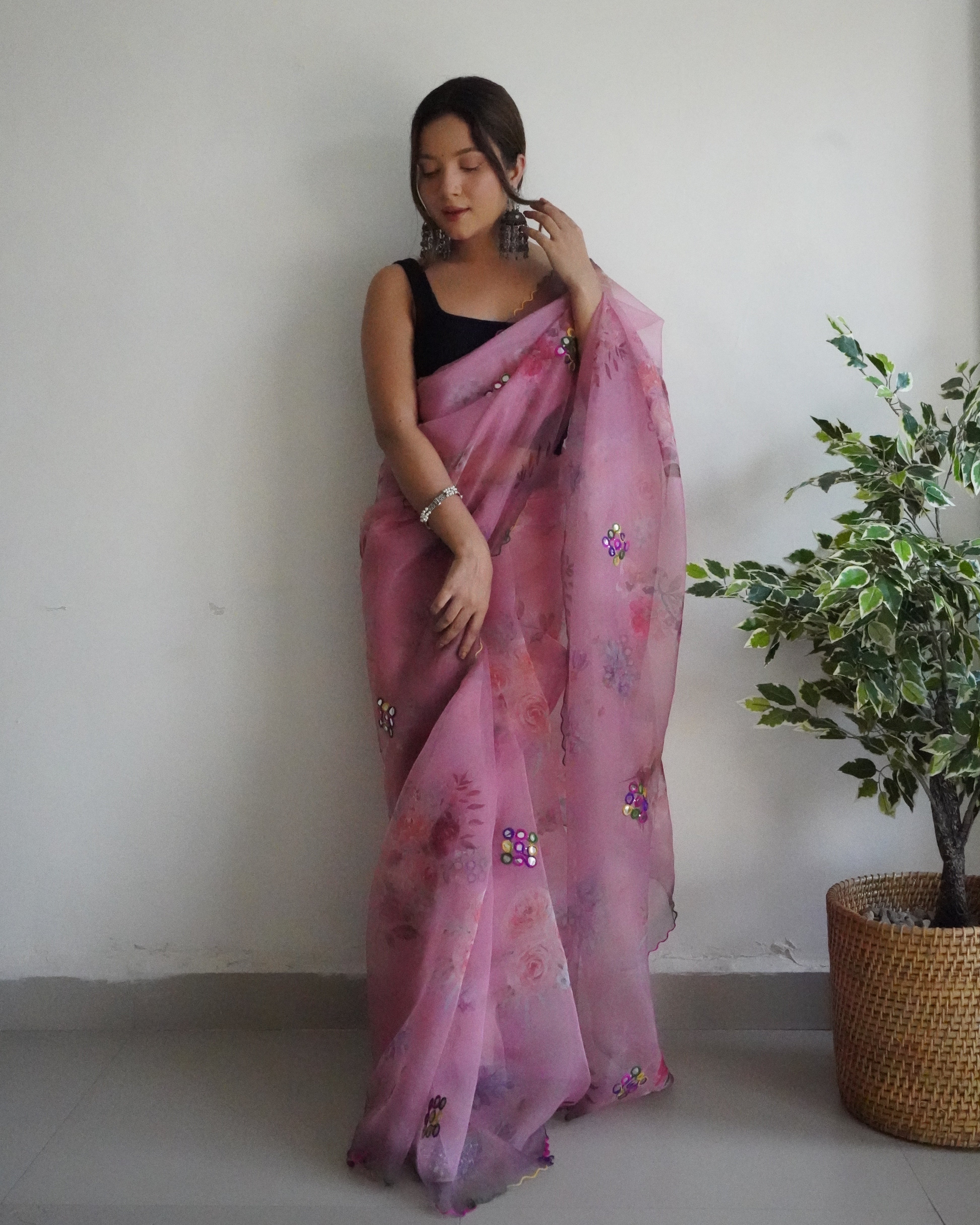 Lavender Organza Saree With Satin Benglori Blouse