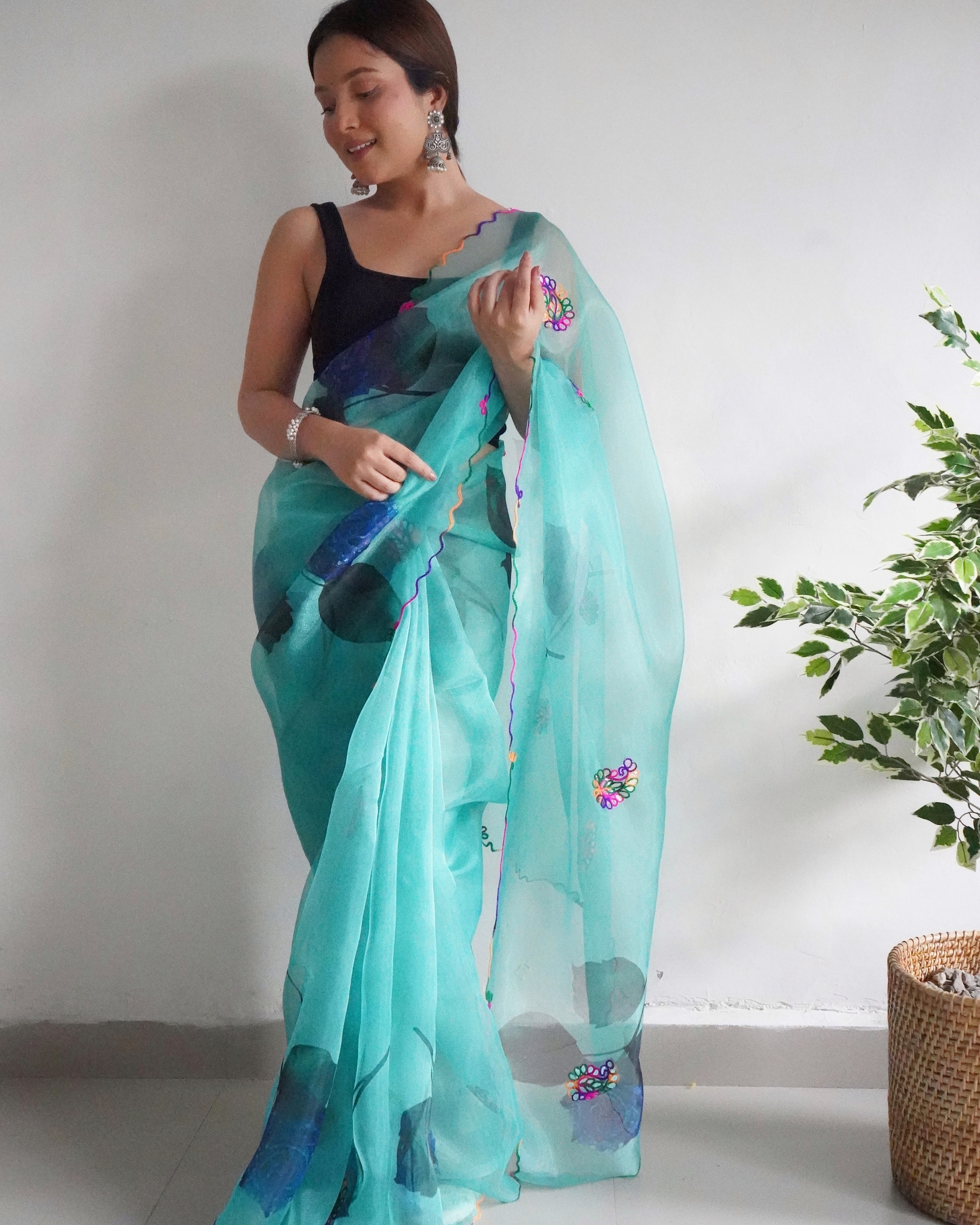 Sky Organza Saree With Satin Benglori Blouse