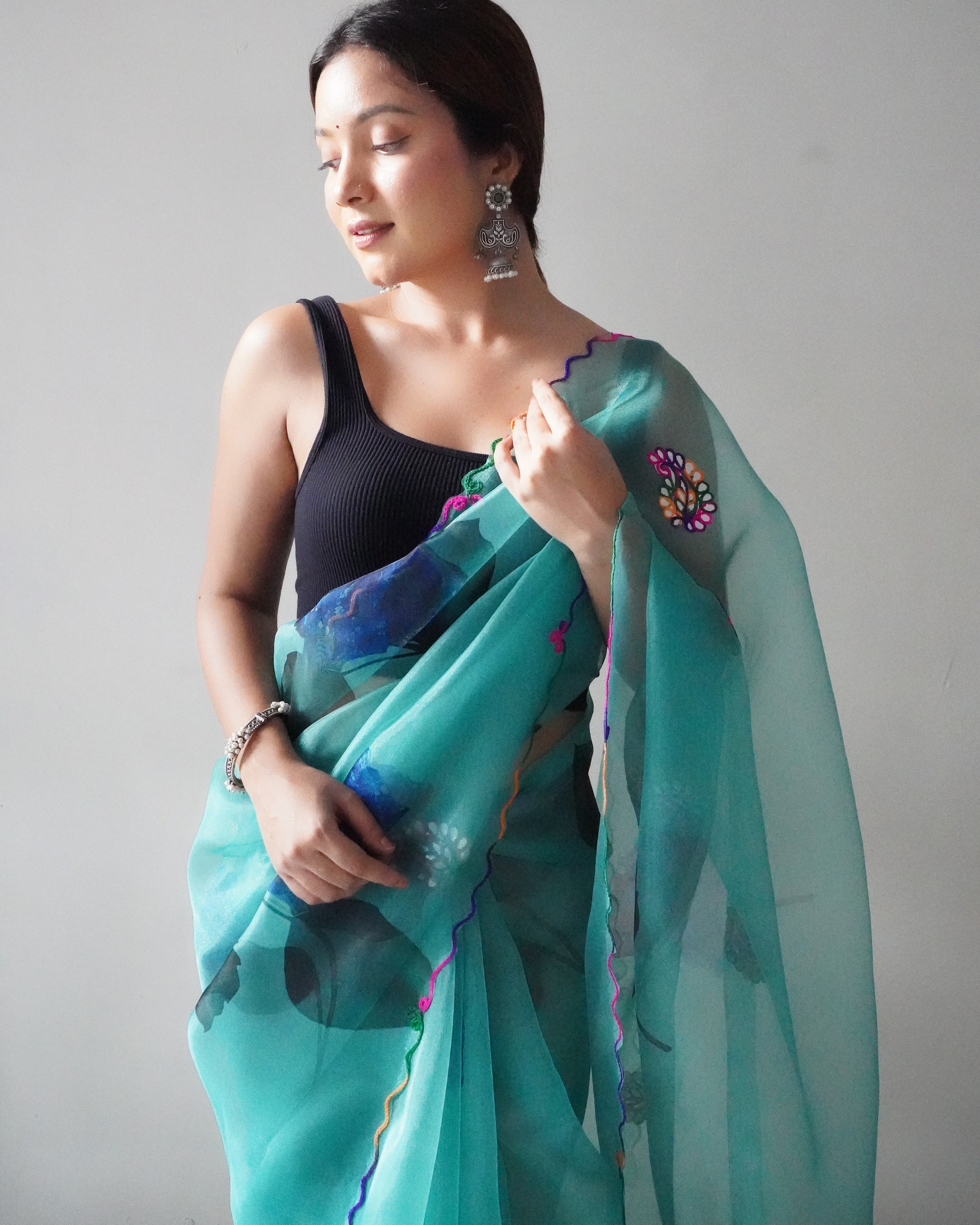 Sky Organza Saree With Satin Benglori Blouse