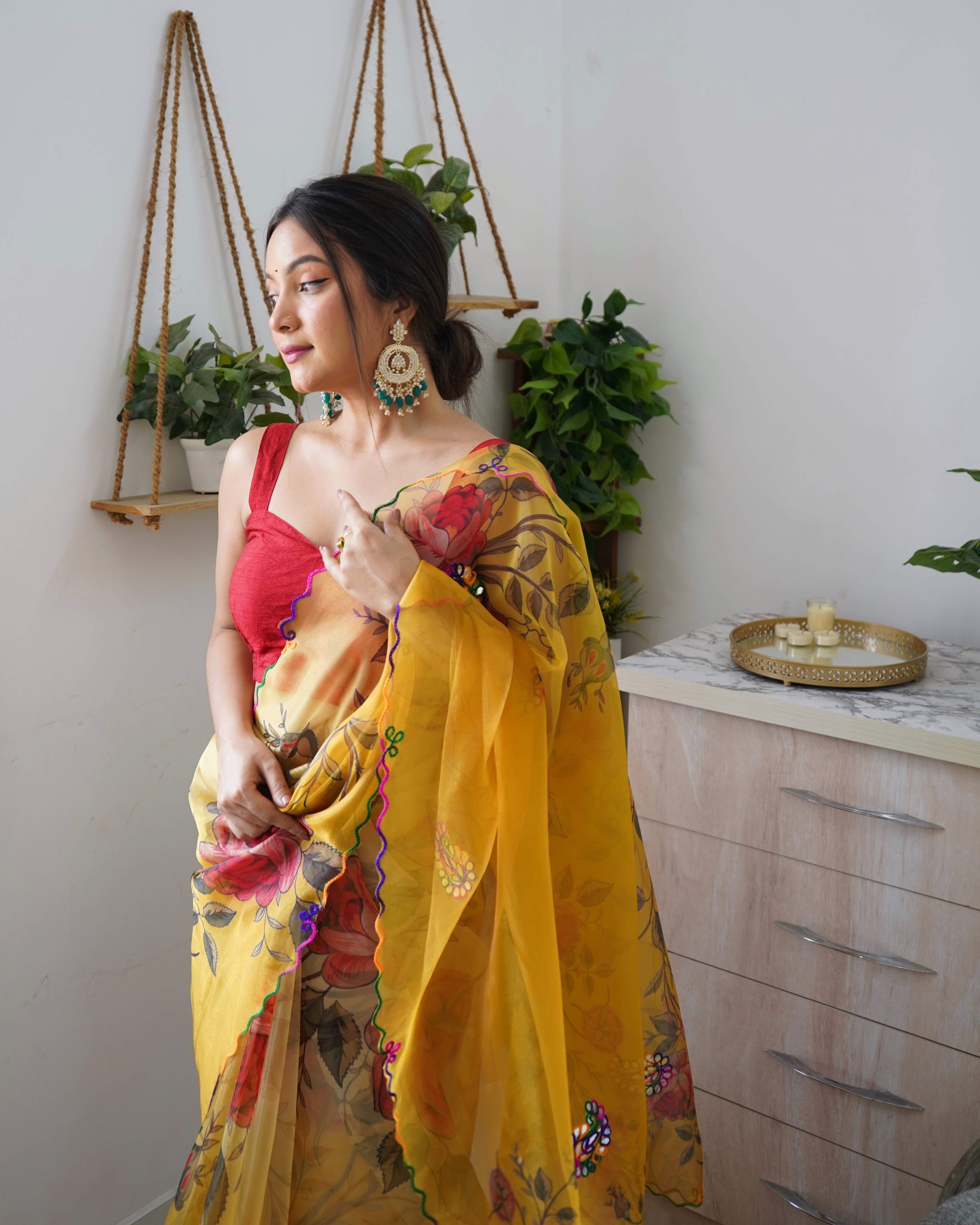 Yellow Organza Saree With Satin Benglori Blouse