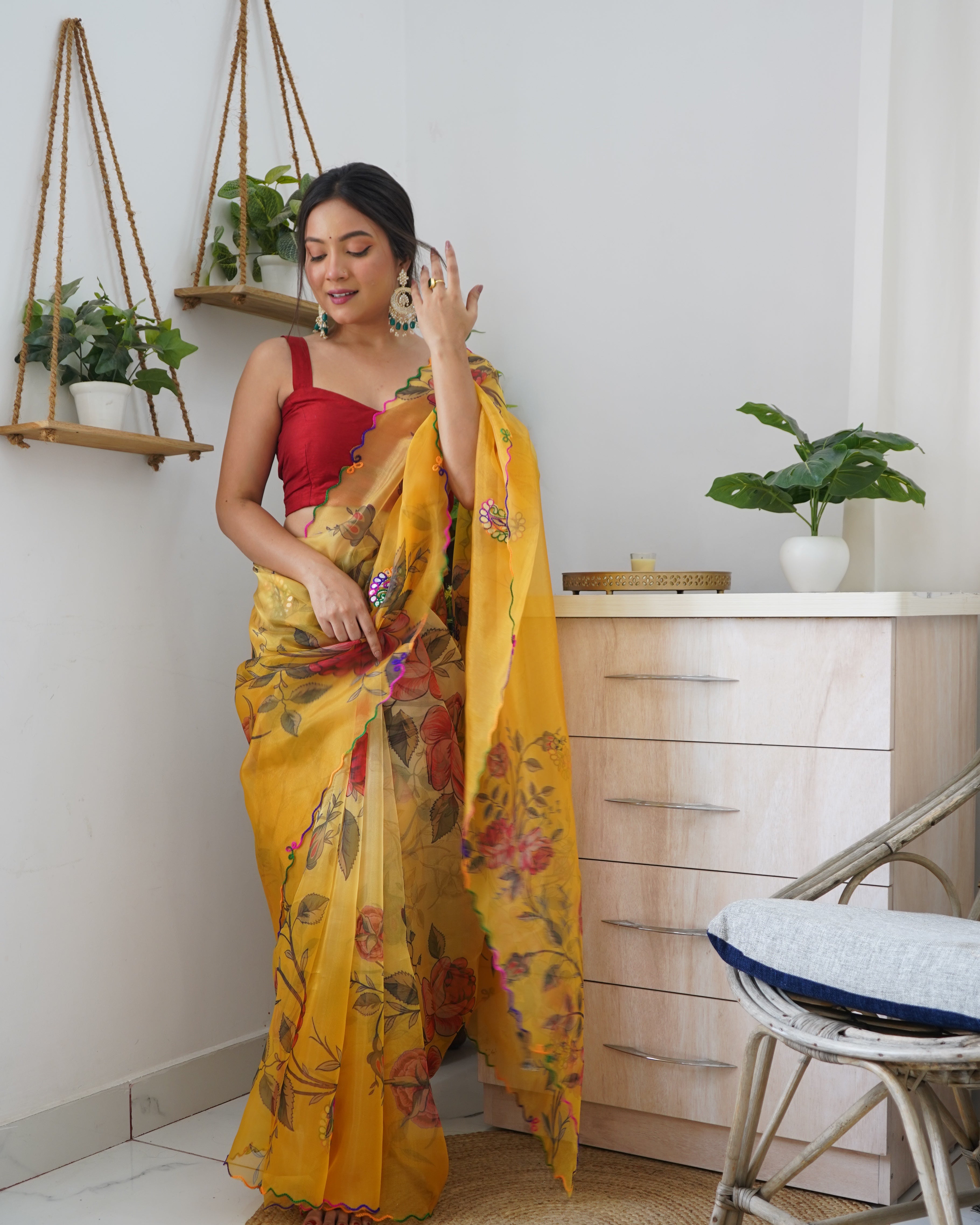 Yellow Organza Saree With Satin Benglori Blouse