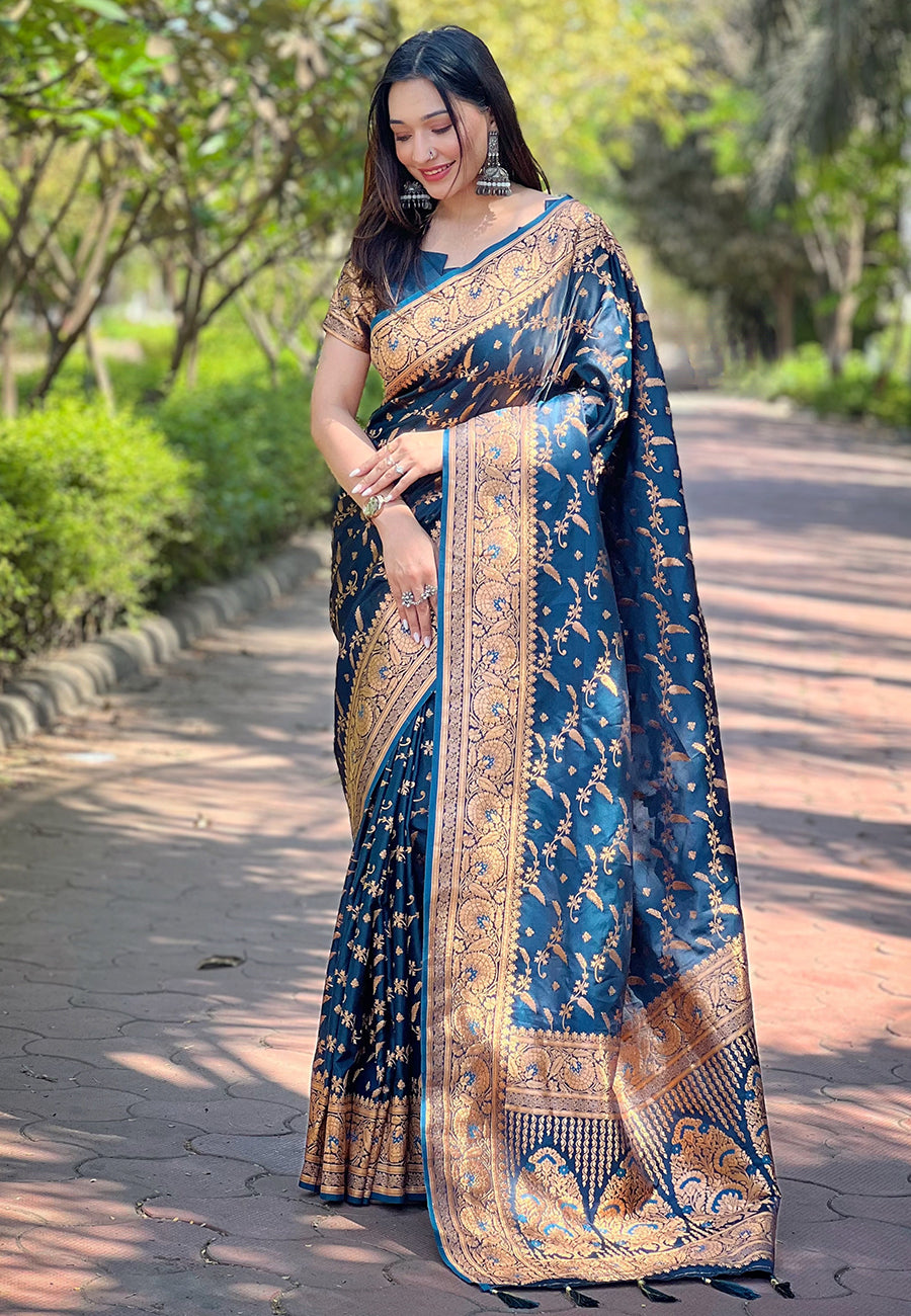 Denim Blue Banarasi Katan Silk Saree