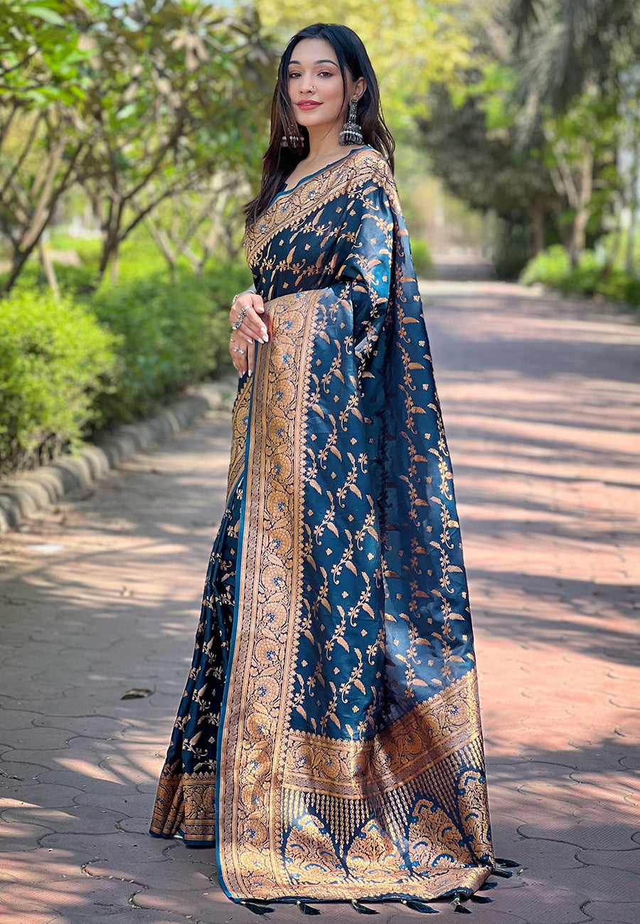 Denim Blue Banarasi Katan Silk Saree