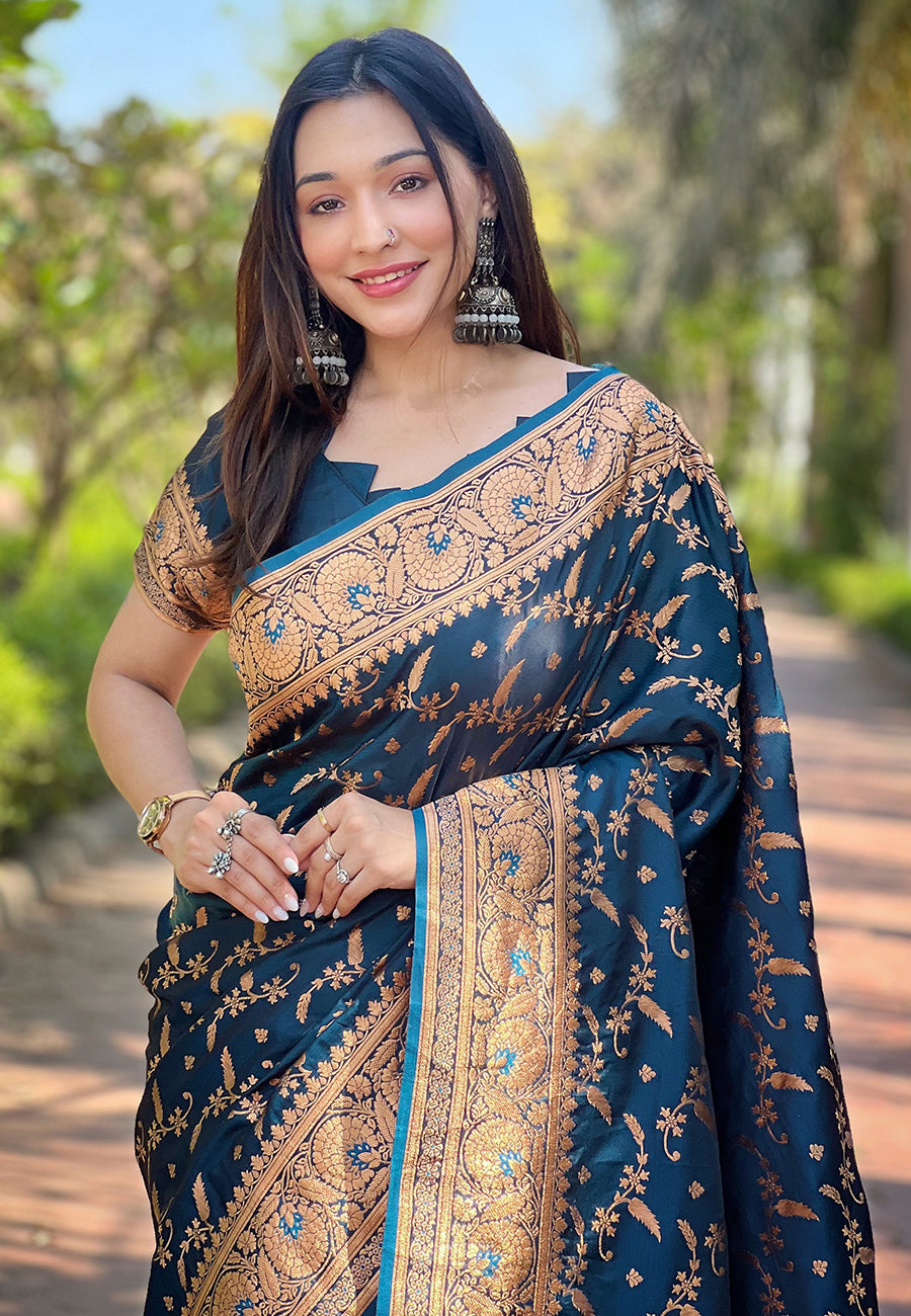 Denim Blue Banarasi Katan Silk Saree