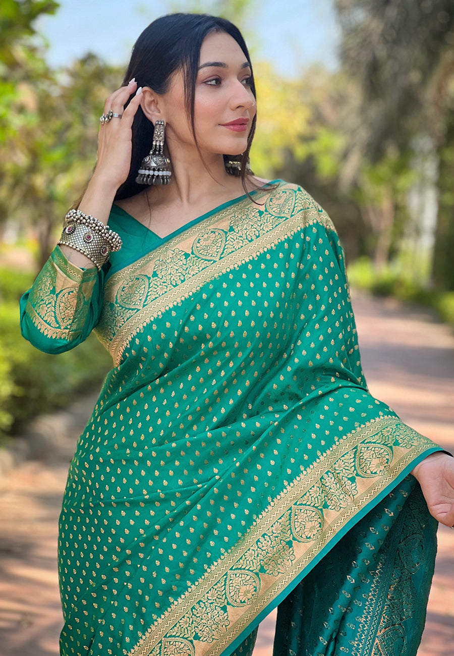 Green Banarasi Katan Satin Saree