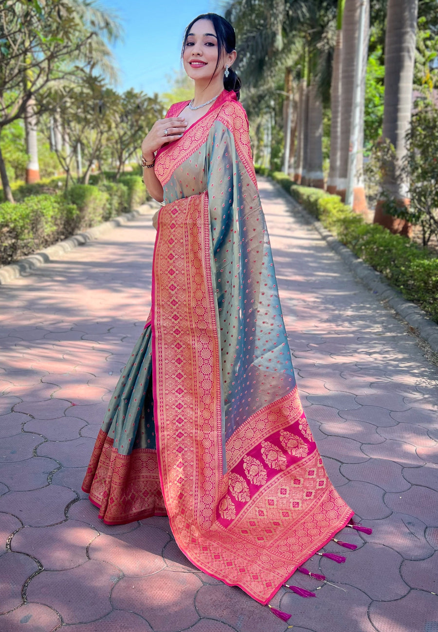 Grey Tissue Zari Woven Saree