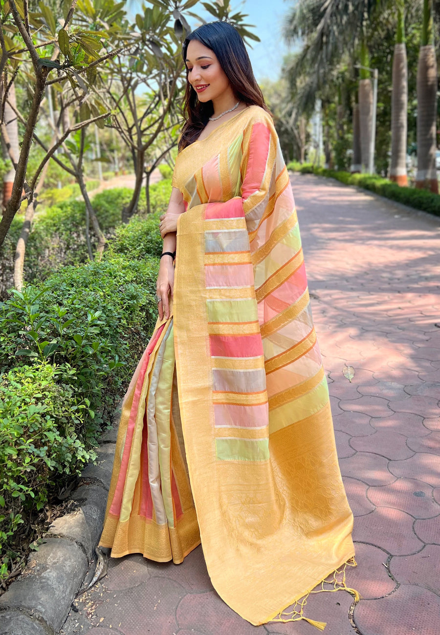 Bright Yellow Organza Saree