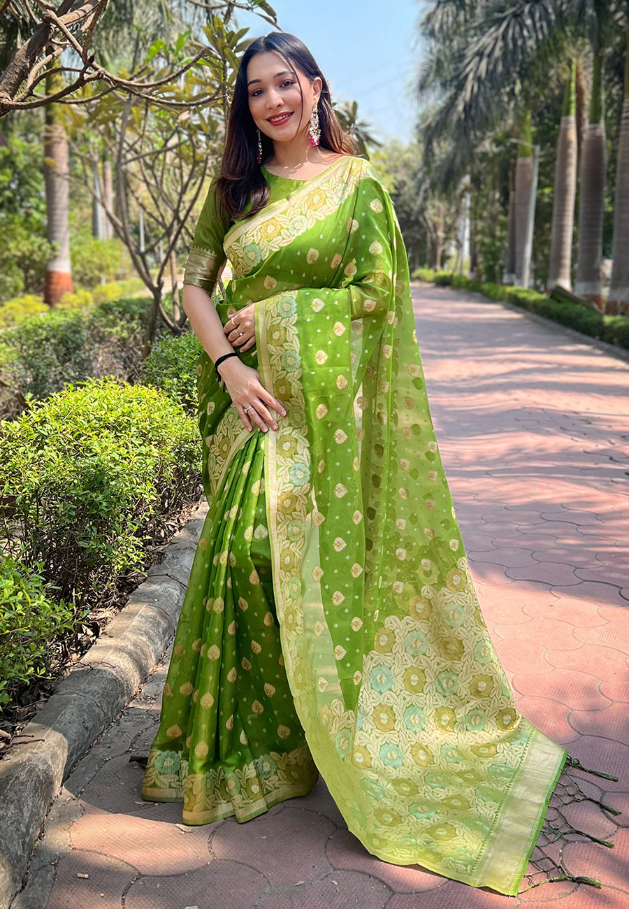 Forest Green Organza Floral Saree