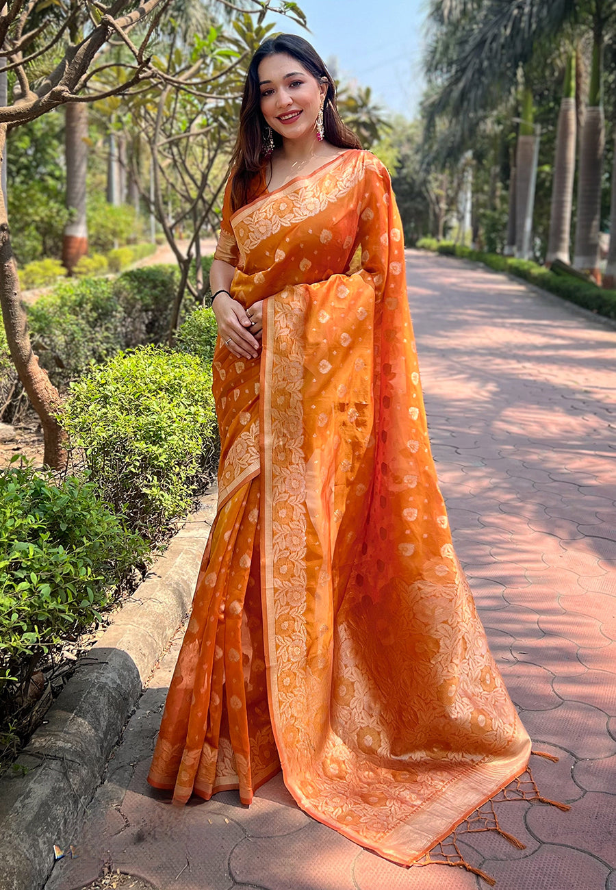 Sinlight Orange Organza Floral Saree