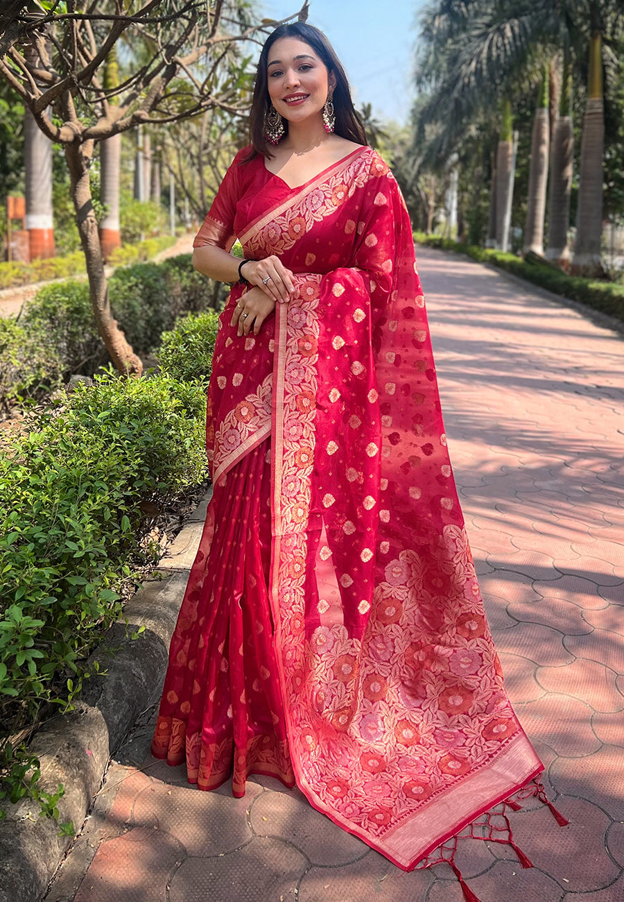 Dark Pink Organza Floral Saree