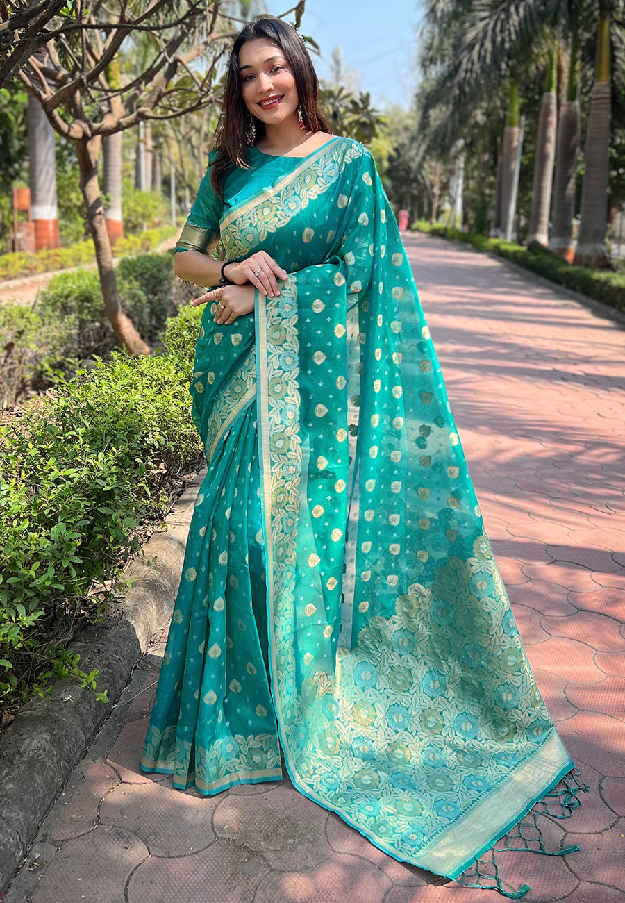 Rama Blue Organza Floral Saree