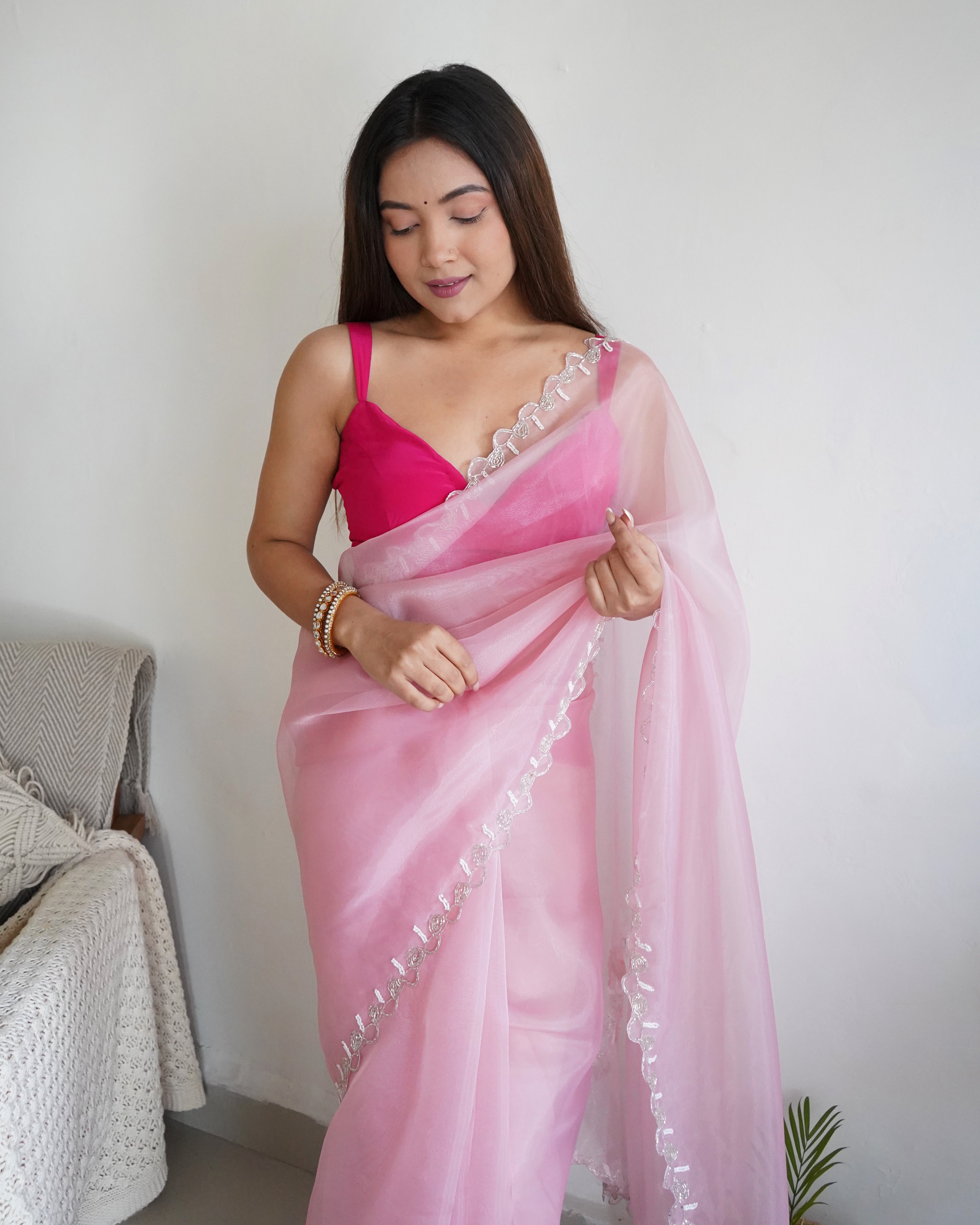 Peach Organza Saree With Chikankari Blouse