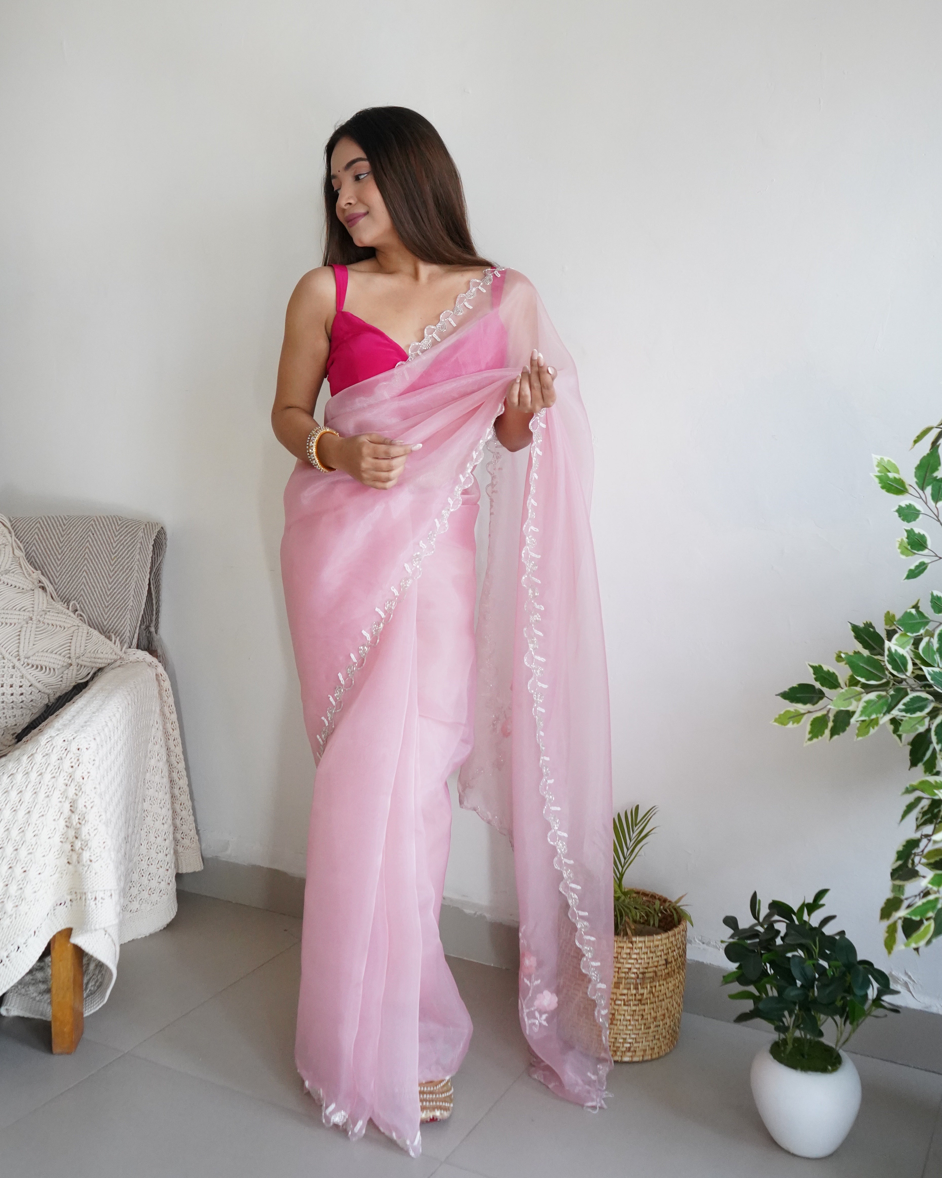 Peach Organza Saree With Chikankari Blouse