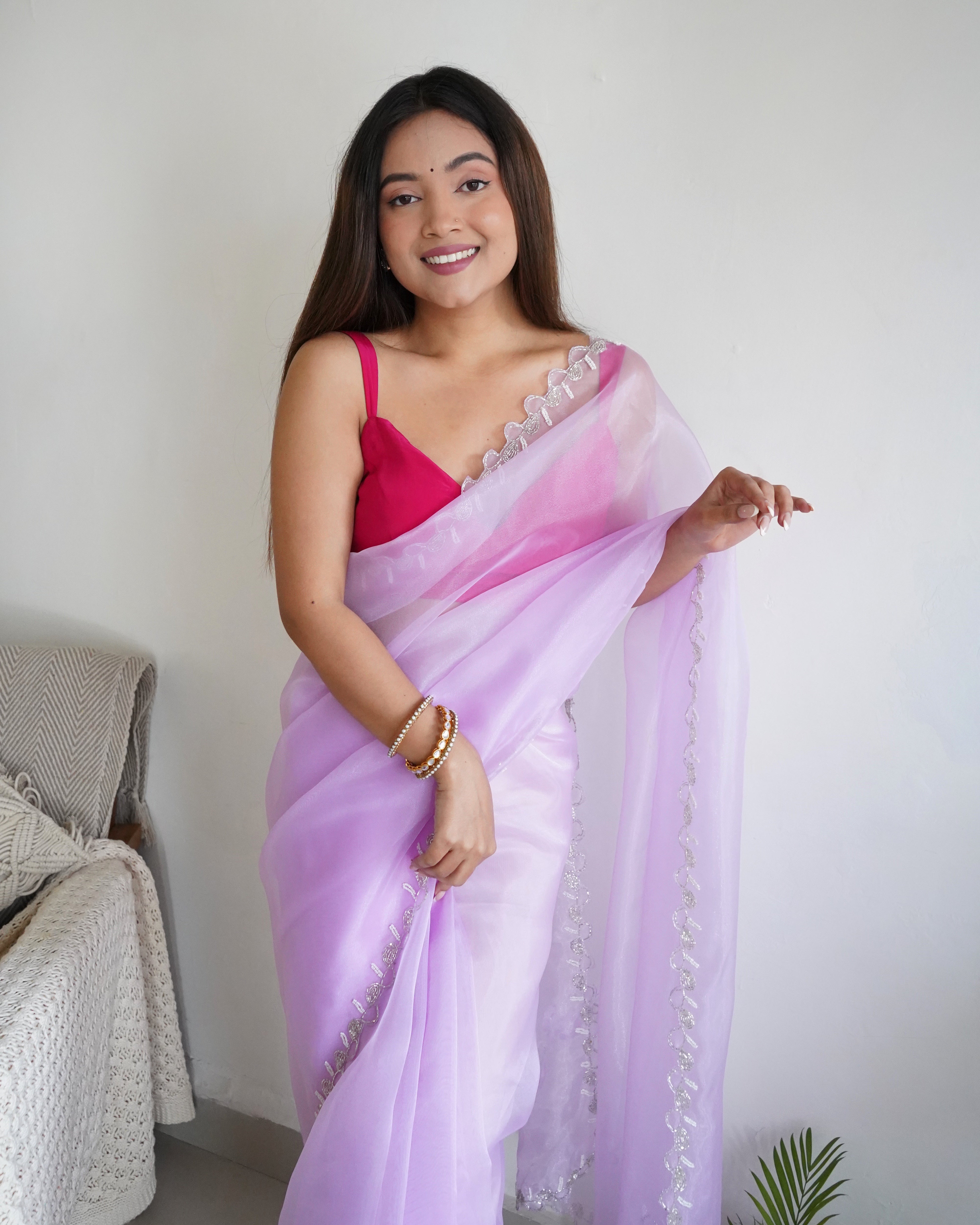 Lavender Organza Saree With Chikankari Blouse