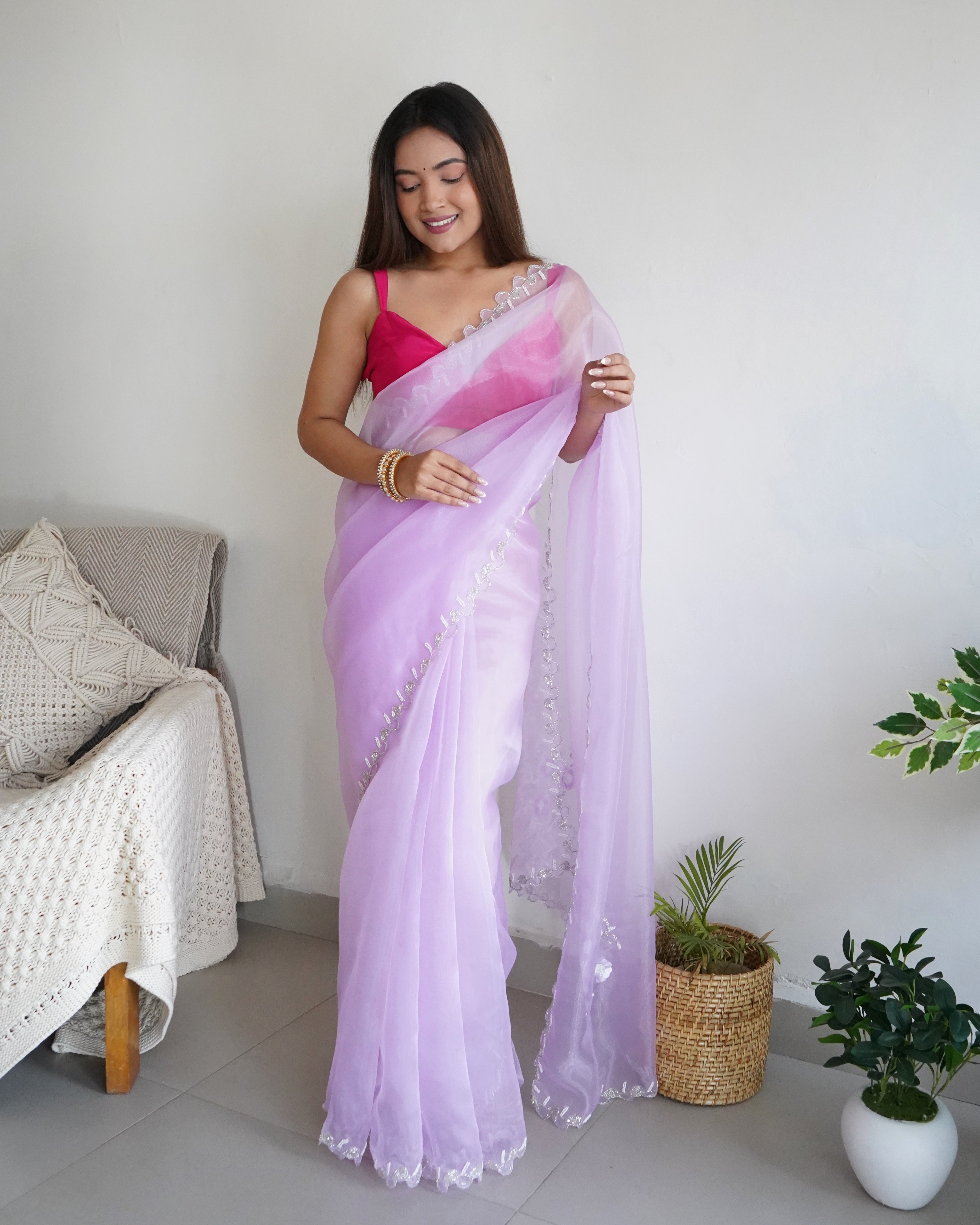 Lavender Organza Saree With Chikankari Blouse