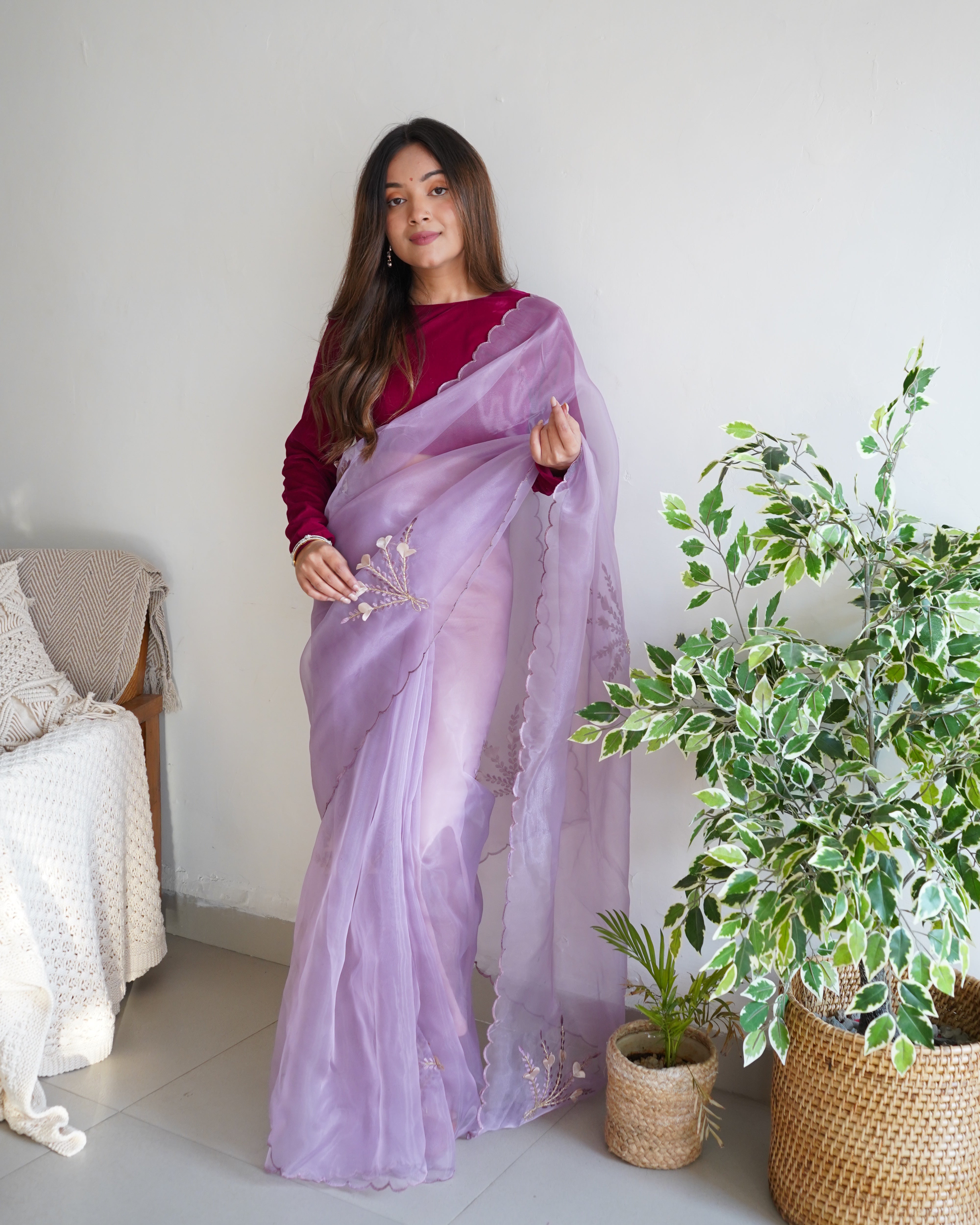 Purple Organza Saree With Satin Benglori Blouse