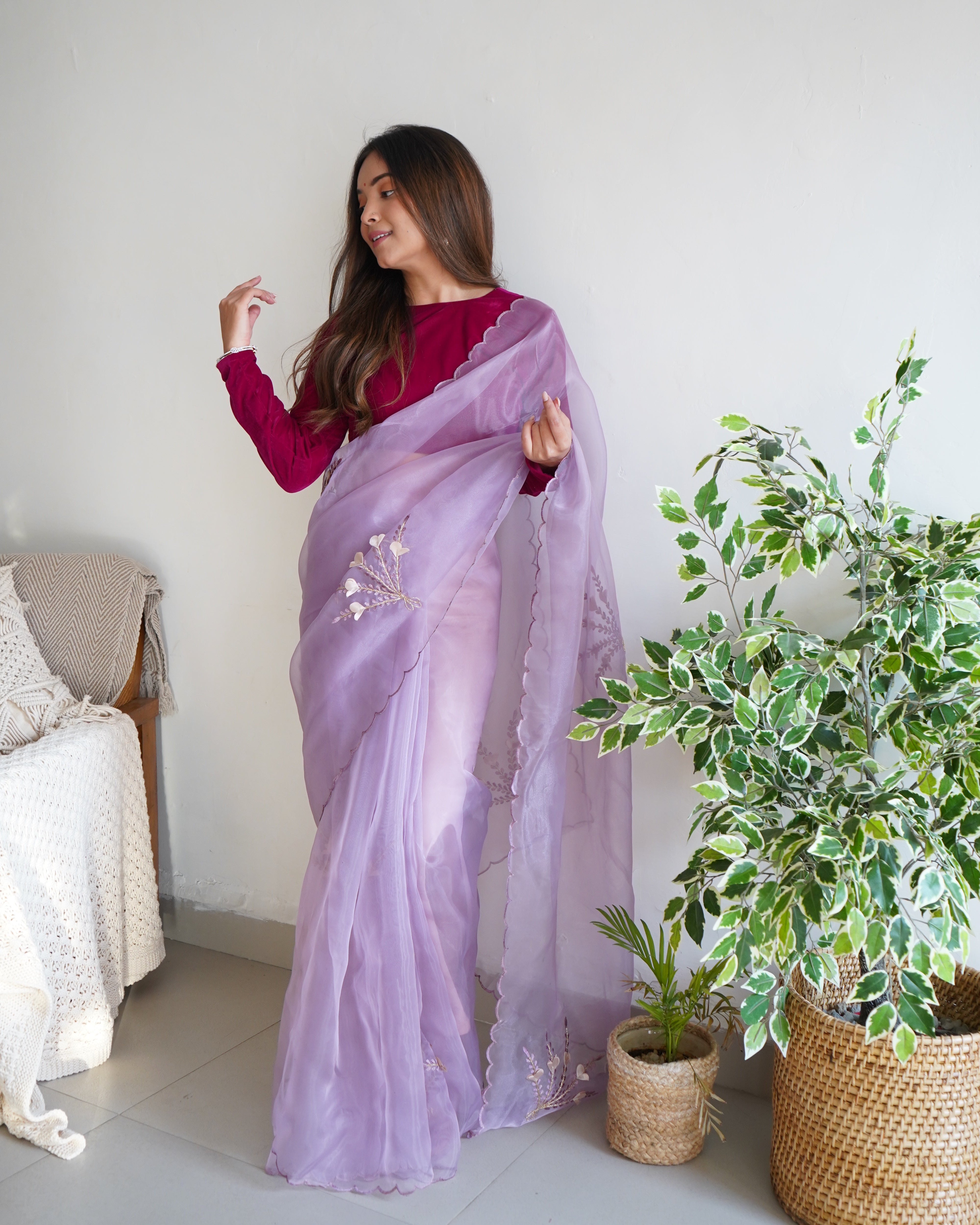 Purple Organza Saree With Satin Benglori Blouse