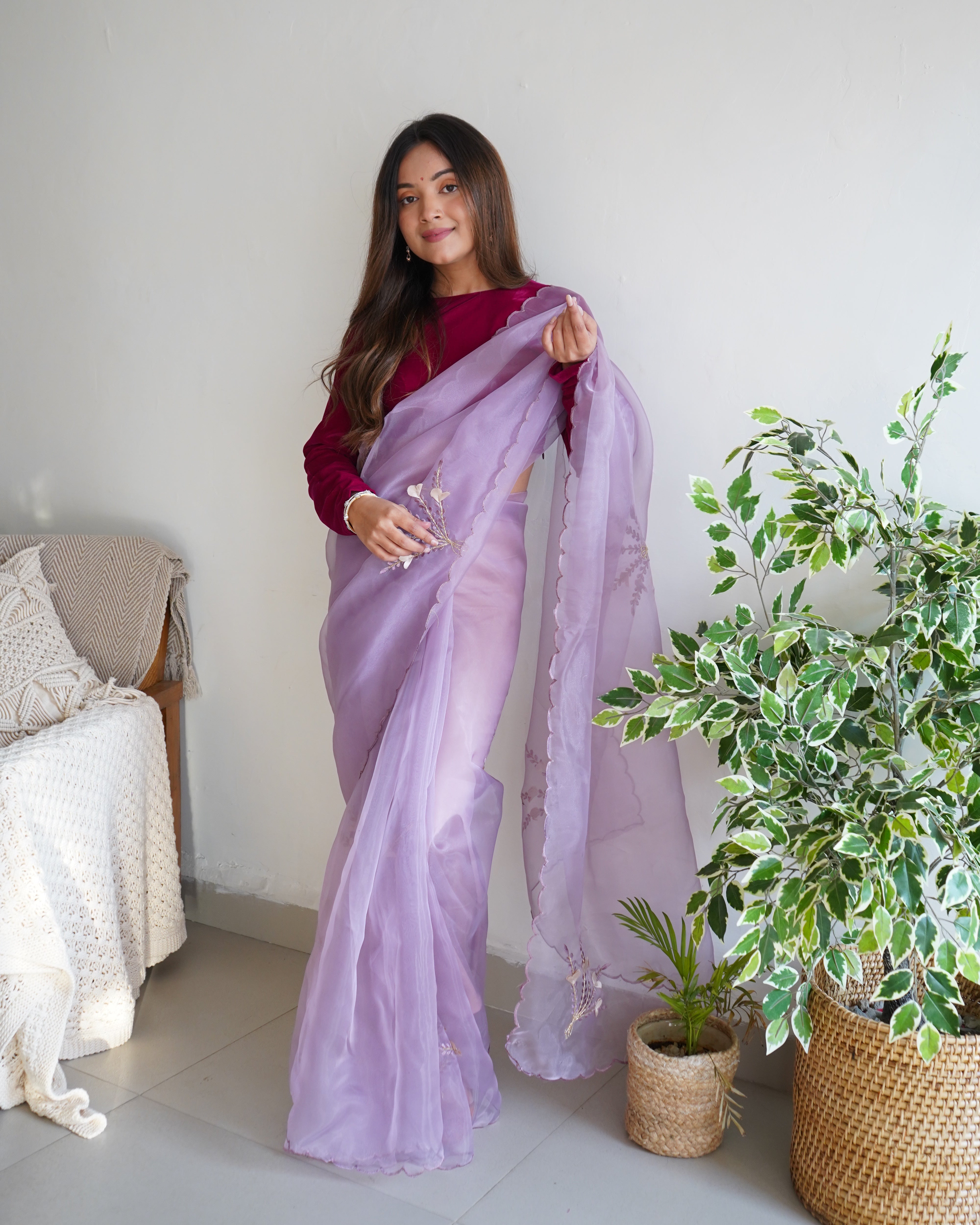 Purple Organza Saree With Satin Benglori Blouse