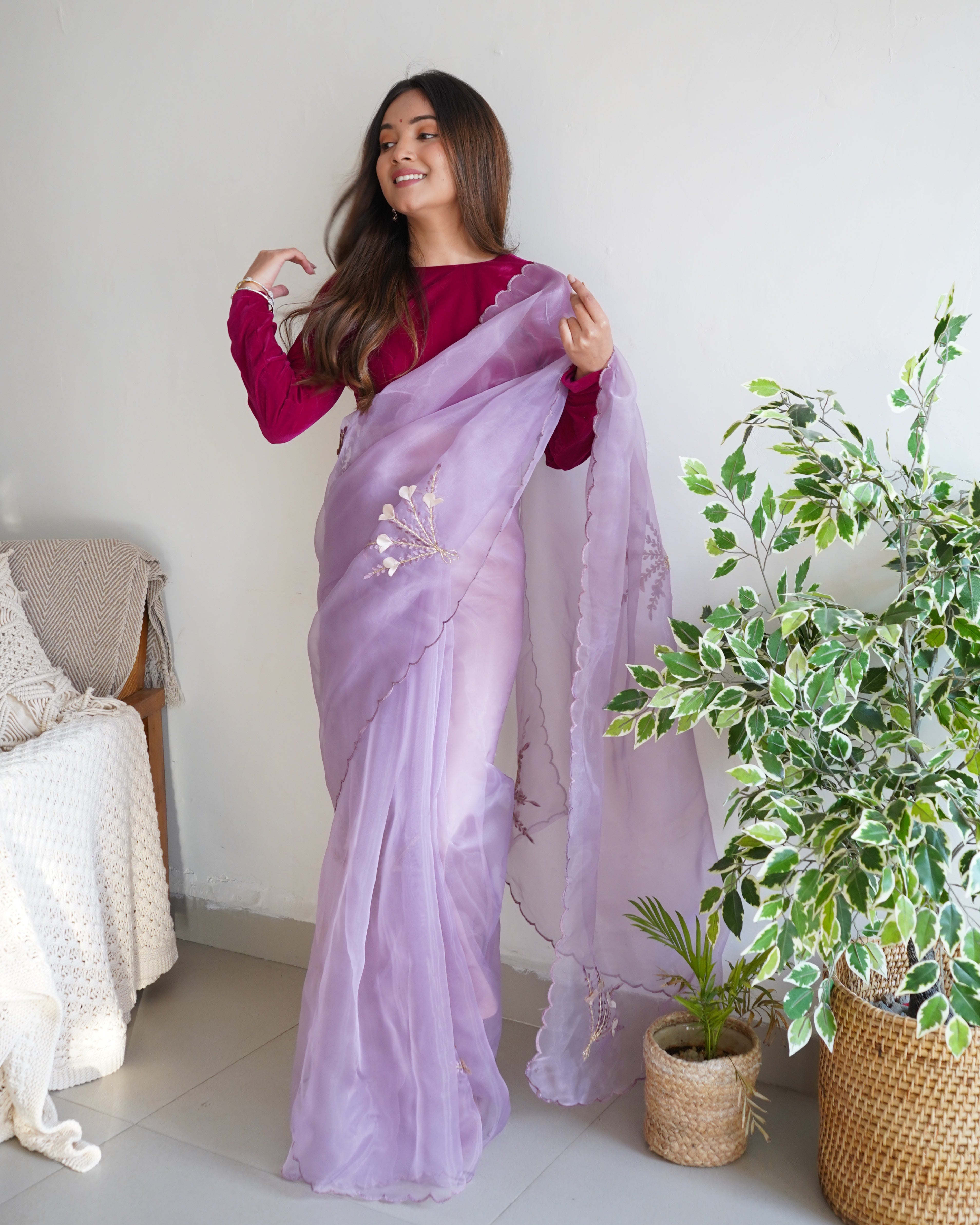 Purple Organza Saree With Satin Benglori Blouse