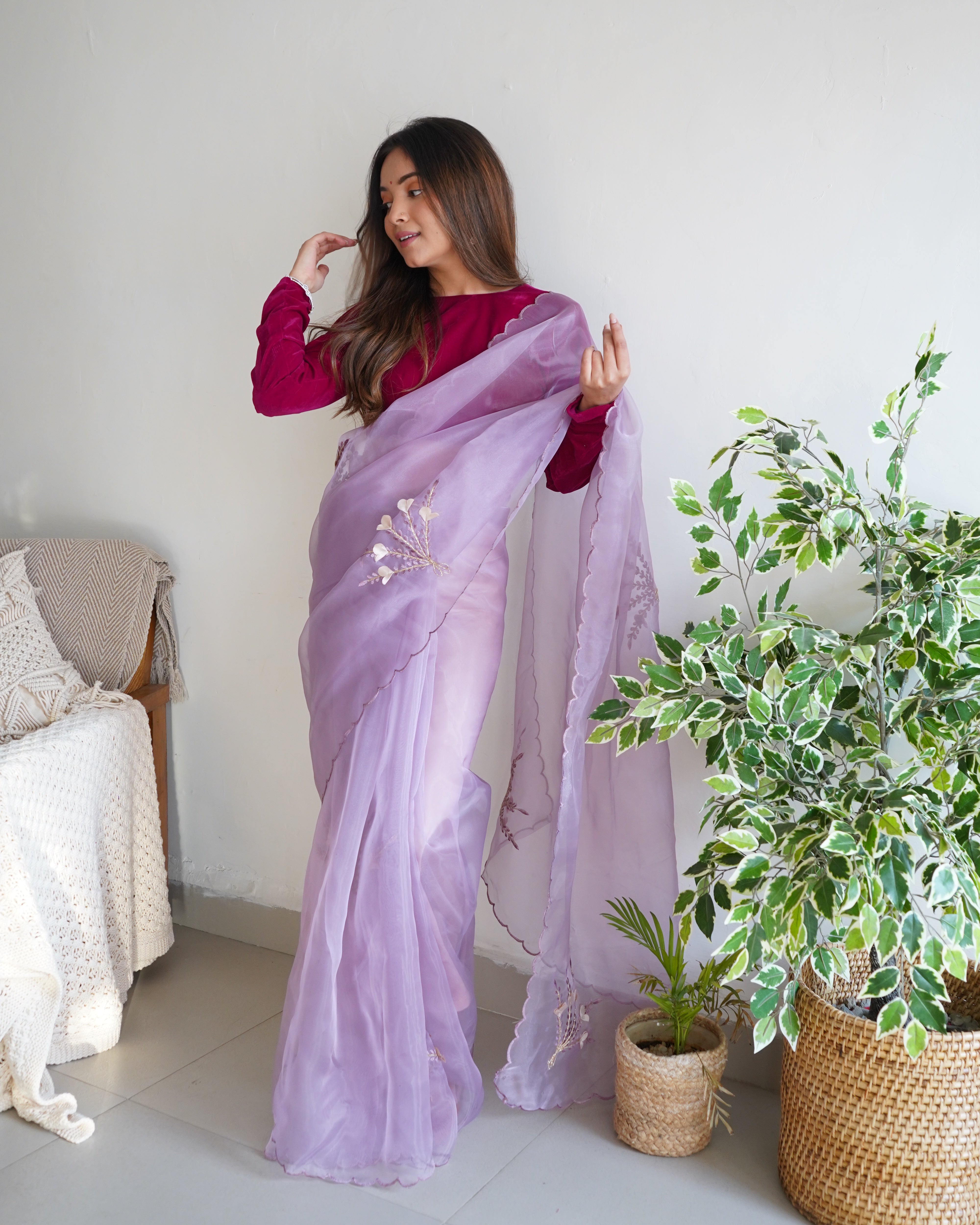 Purple Organza Saree With Satin Benglori Blouse