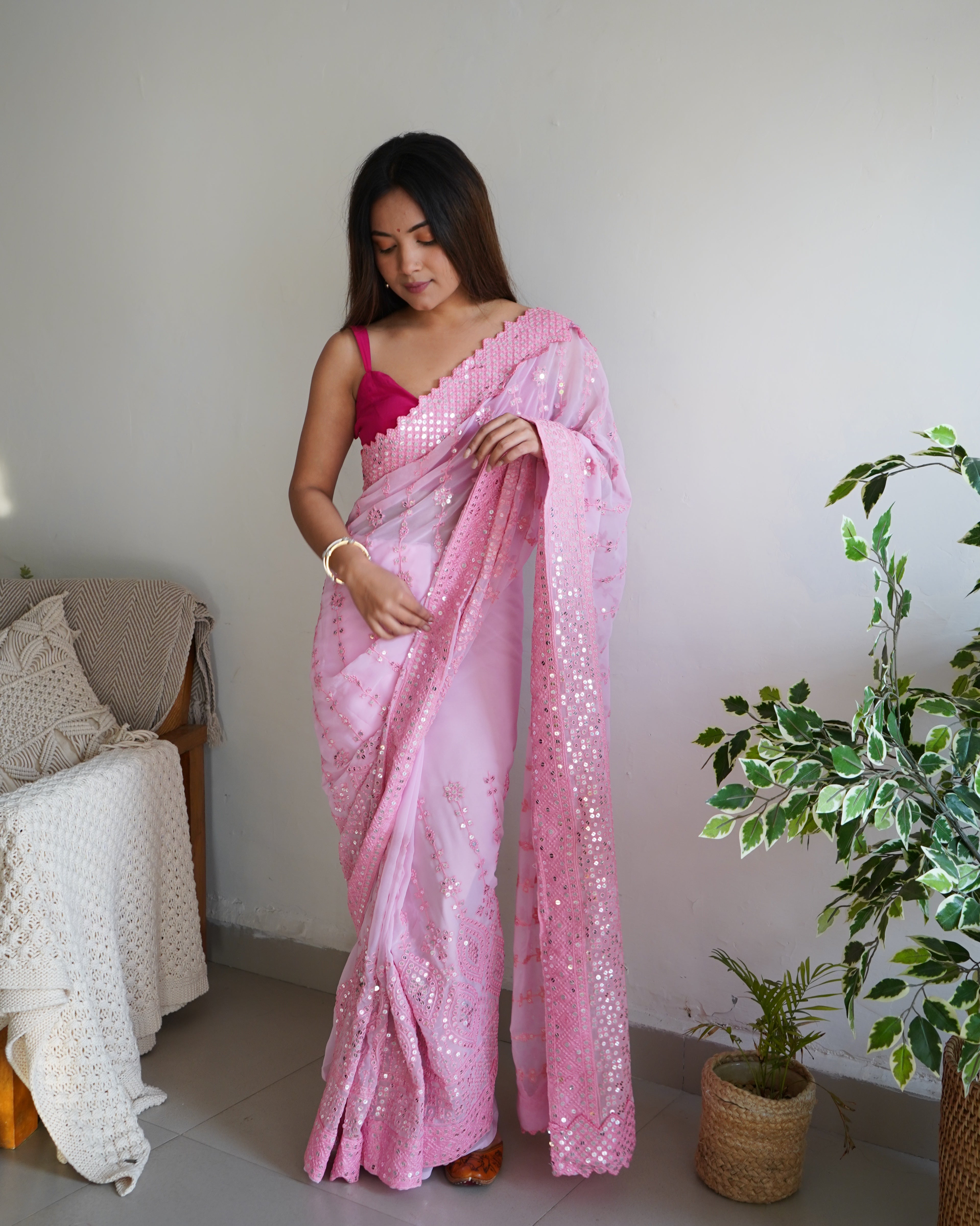 Pink Georgette Saree With Banglori sattin silk work Blouse