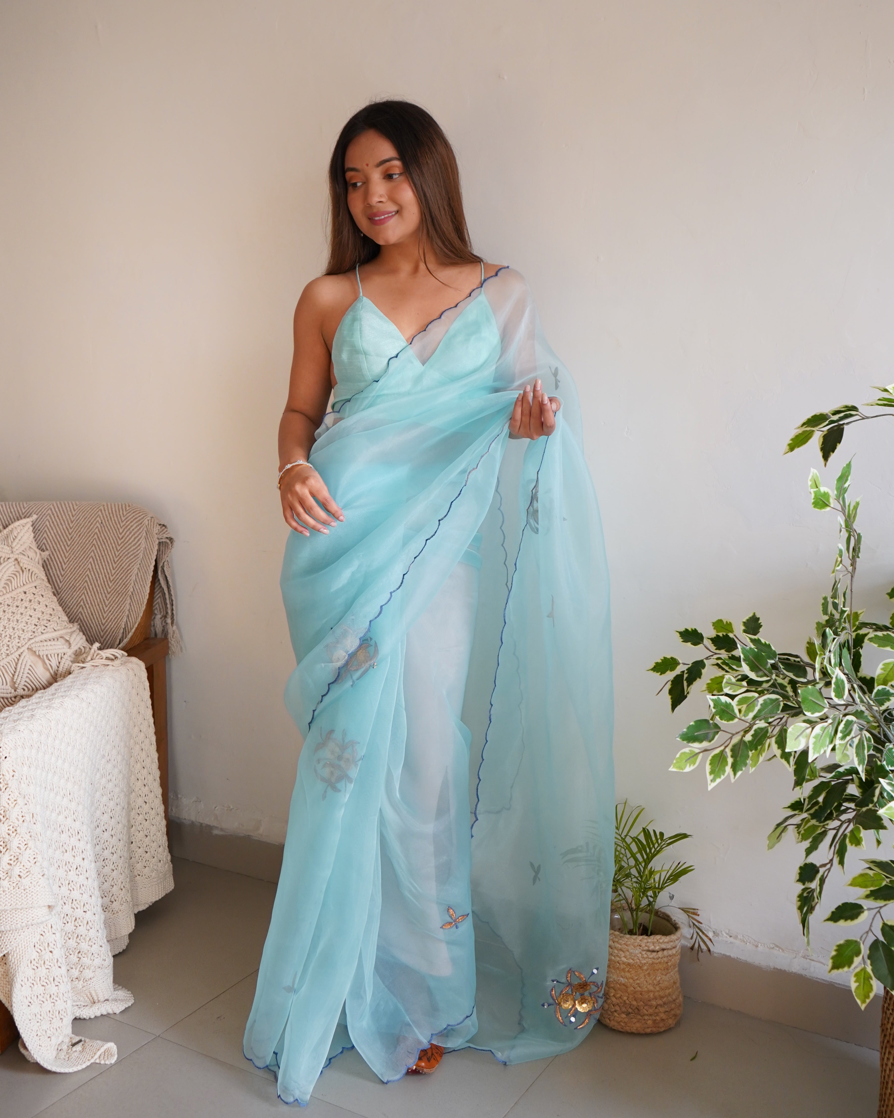 Sky Organza Saree With Satin Benglori Blouse