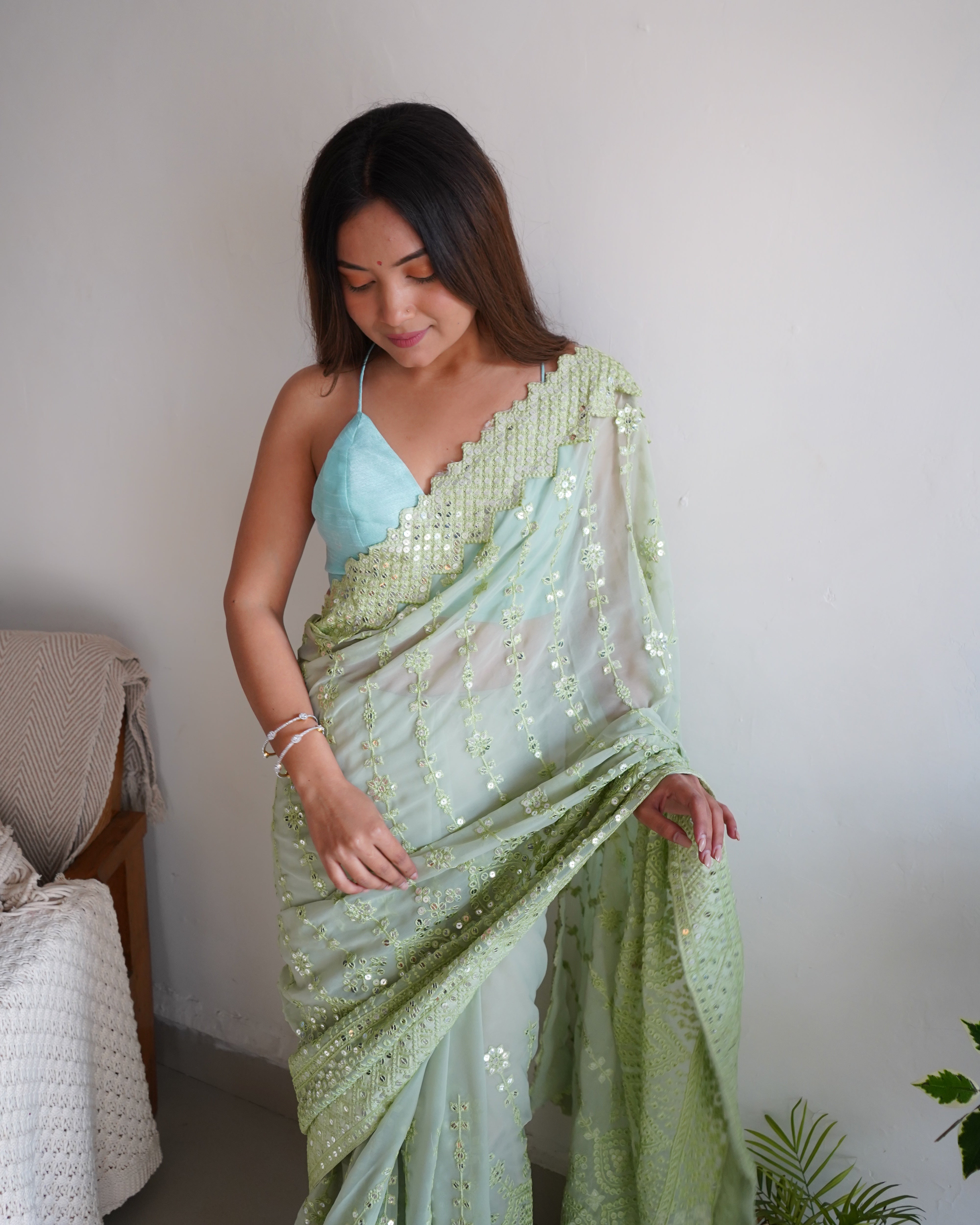 GREEN Georgette Saree With Banglori sattin silk work Blouse