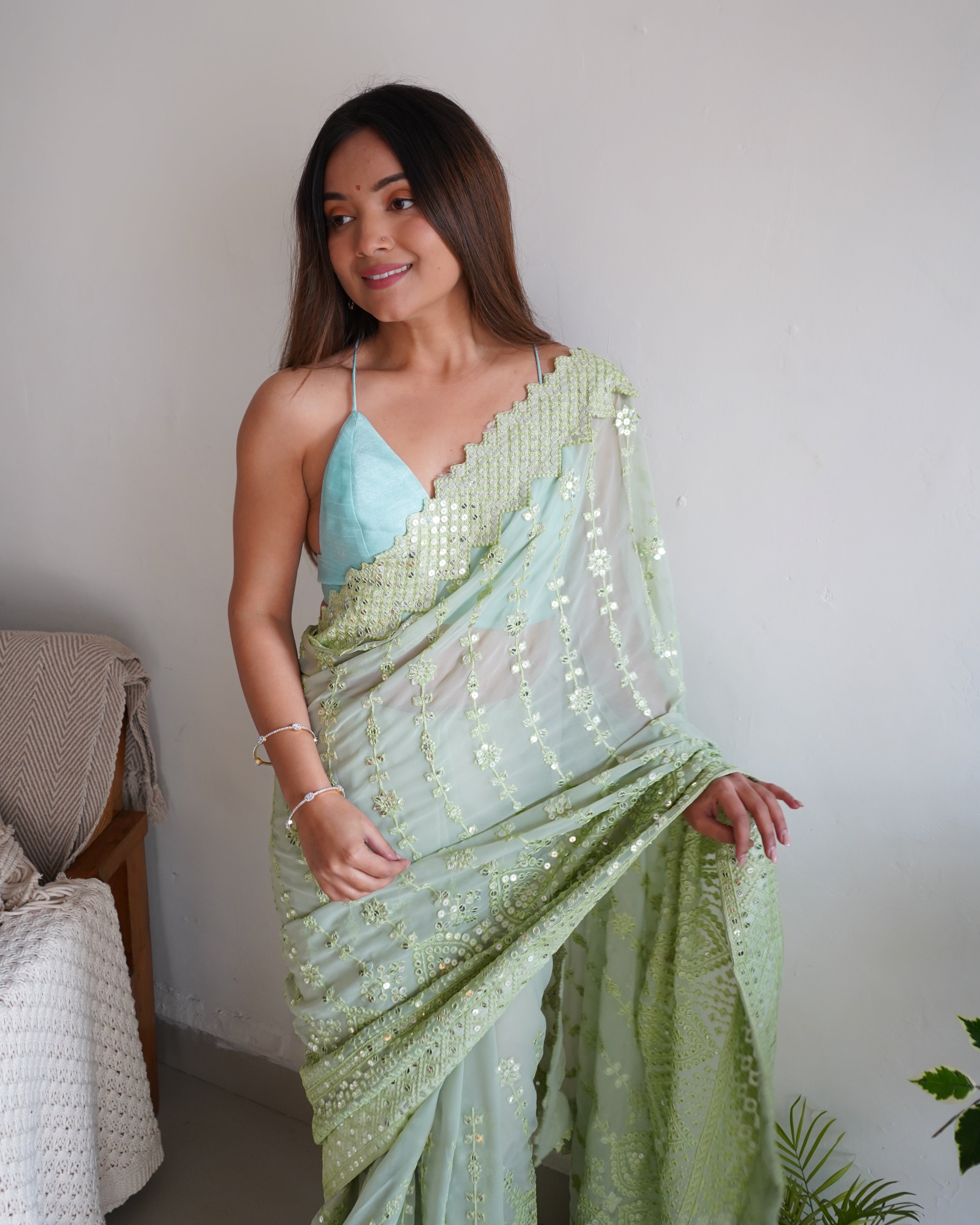 GREEN Georgette Saree With Banglori sattin silk work Blouse