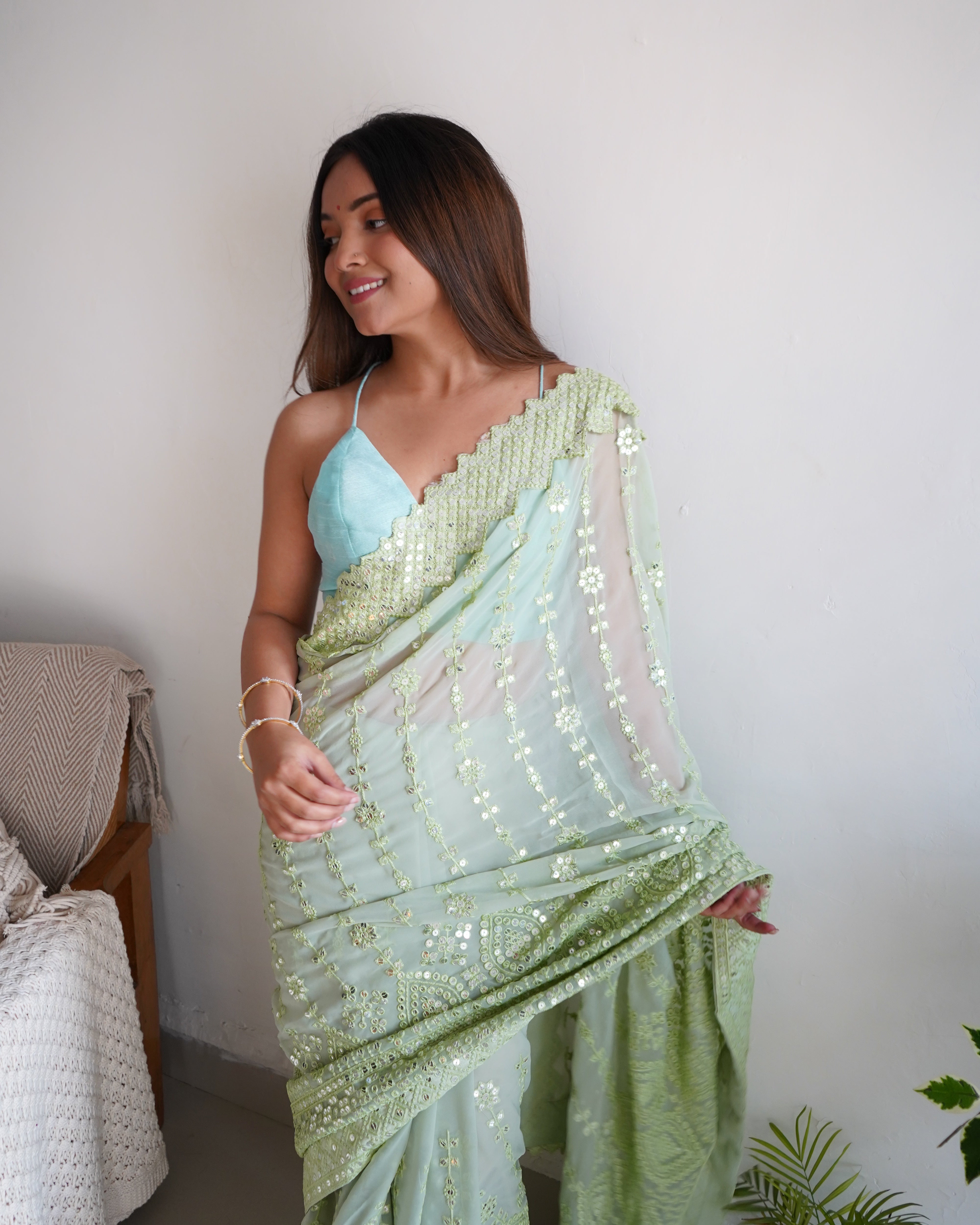 GREEN Georgette Saree With Banglori sattin silk work Blouse